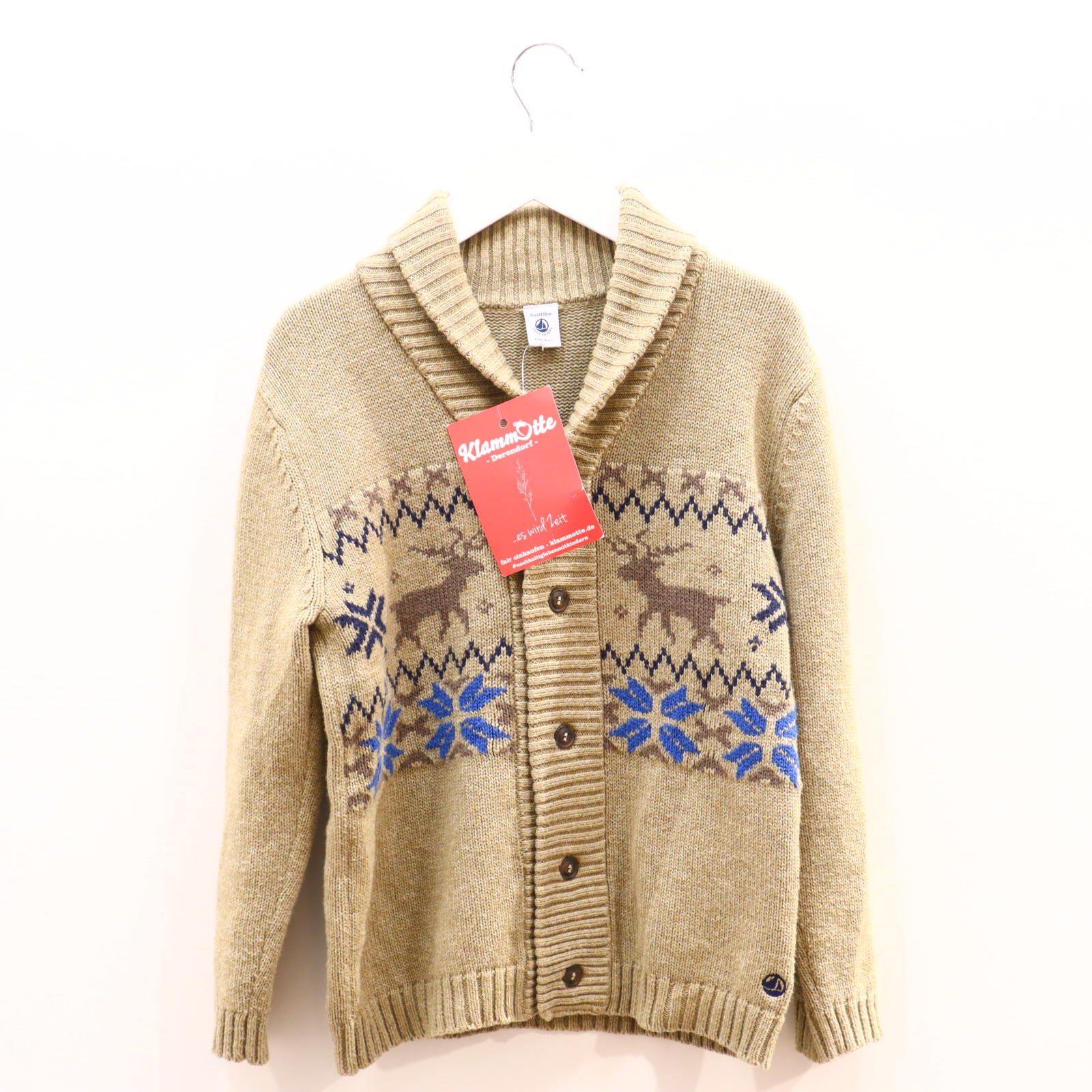 Oberteil PETIT BATEAU Gr. 128 Strickjacke oliv Baumwolle Norweger Schalkragen