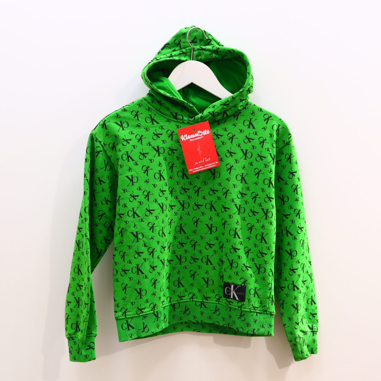 Oberteil Calvin Klein Gr. 152 Kapuzenpullover grün/schwarz Baumwolle Alloverprint/Applikation/Logo