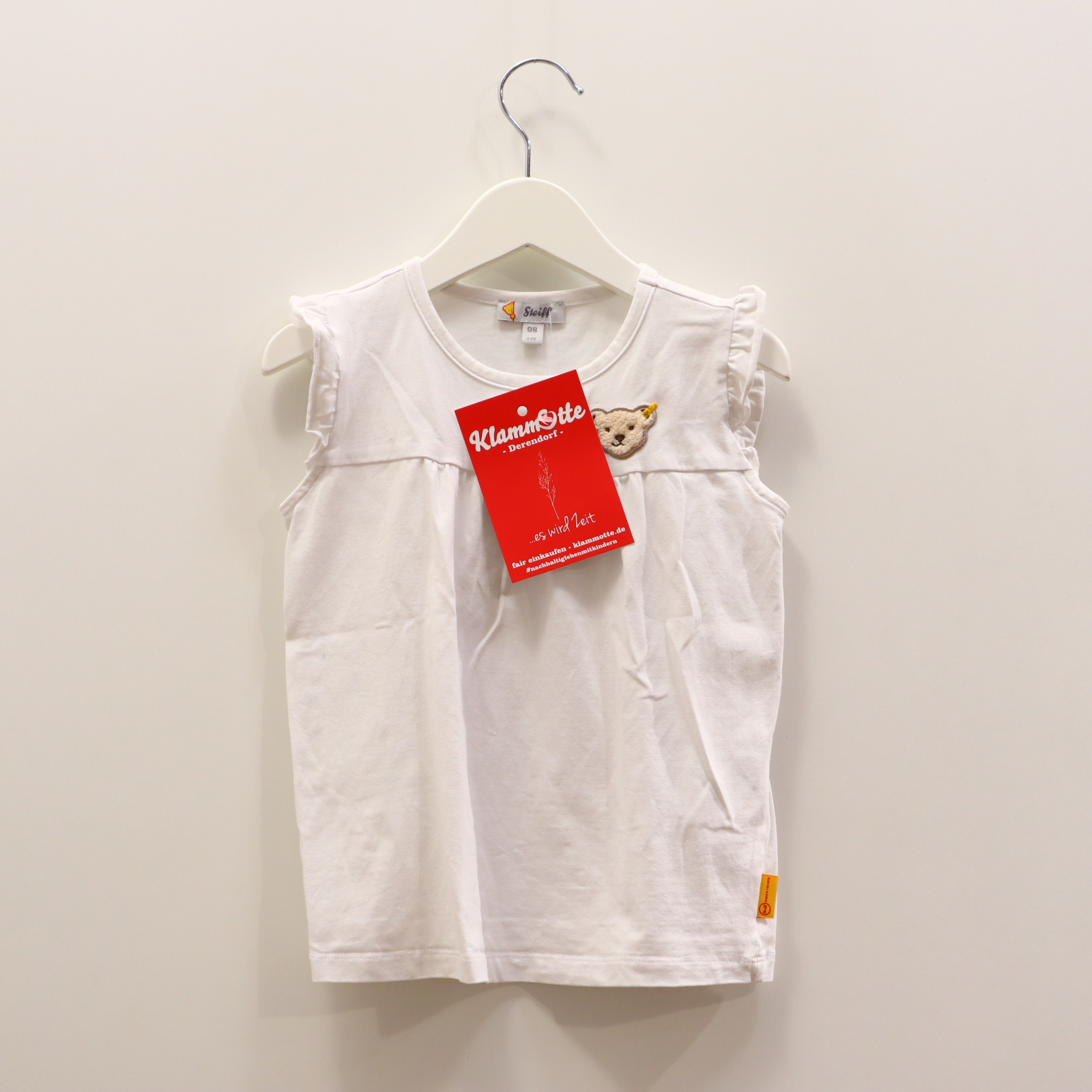 Oberteil Steiff 98 weiß Applikation/Logo/Volants ärmellos/Shirt Baumwolle/Elasthan