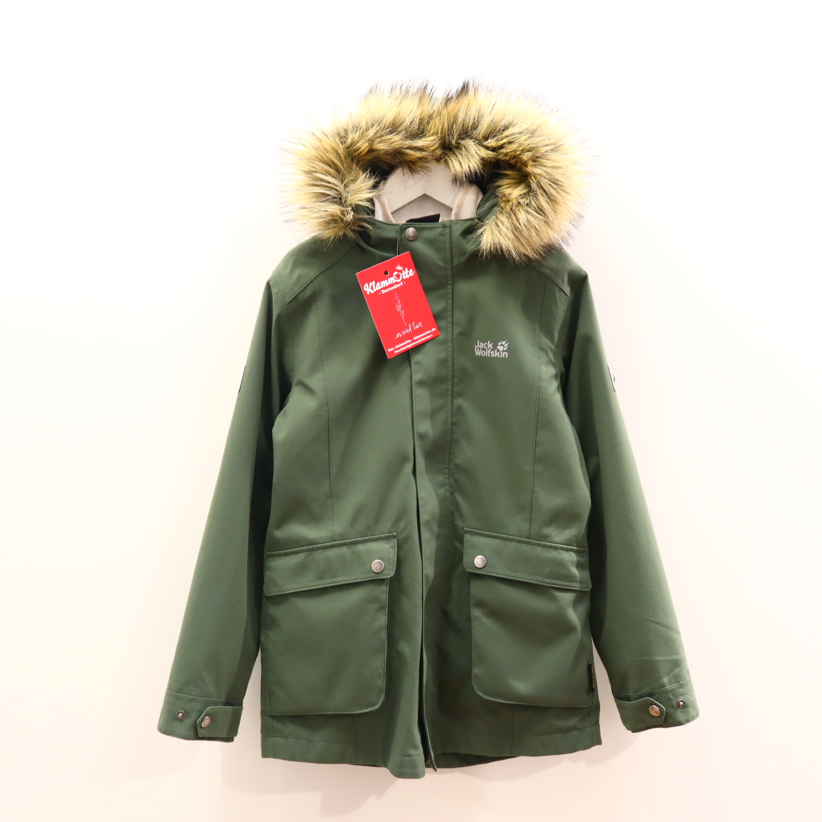 Jacke Jack Wolfskin Funktionsjacke/Parka/3-in-1 Jacke 140 oliv ganzjährig nanuk200/Sherpa abnehmb. Kapuzenbesatz/herrausnehmb. Innenjacke/Meshfutter kl. Fleck