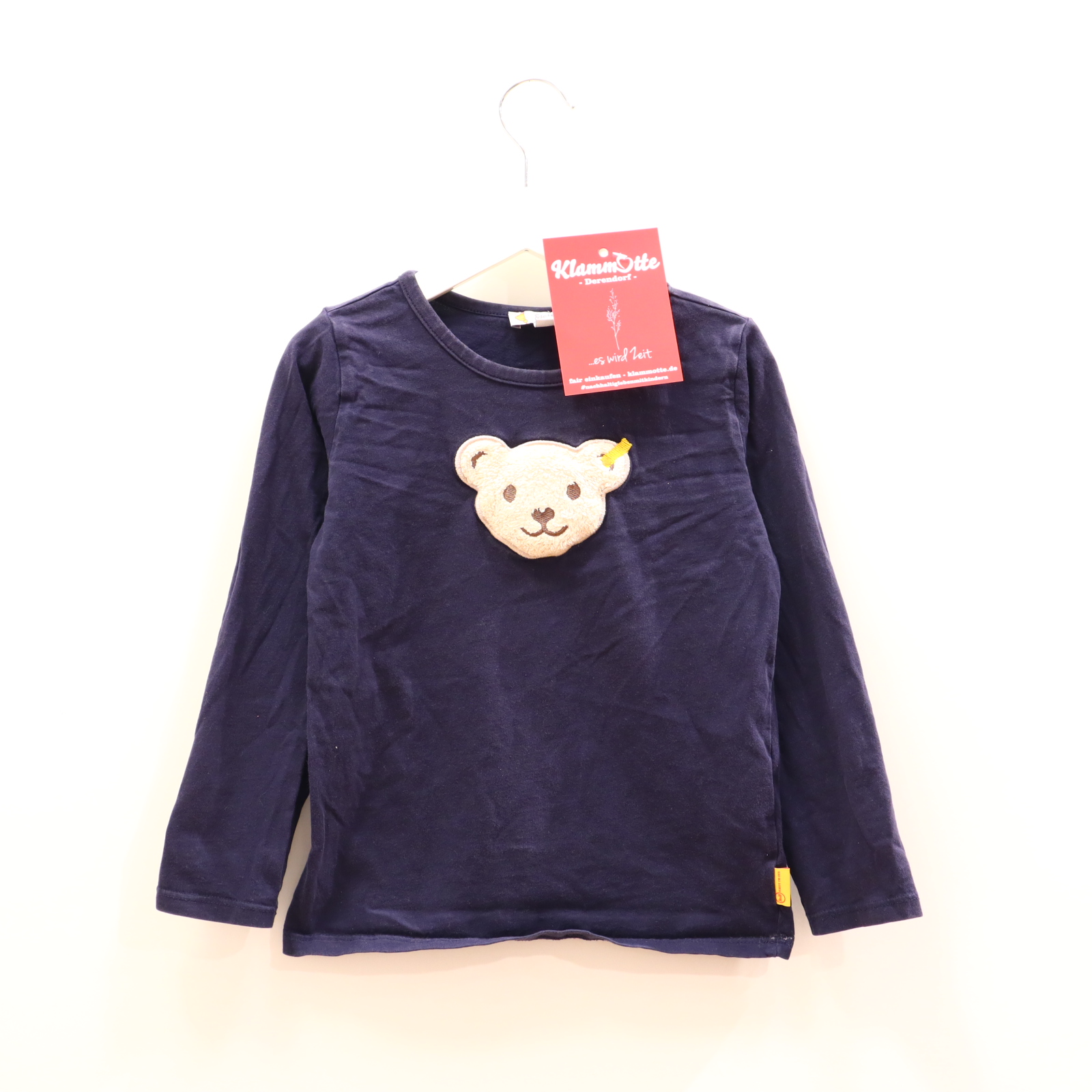 Oberteil Steiff Gr. 110 langarm Shirt blau Baumwolle/Elasthan Applikation/Logo/Quietsche