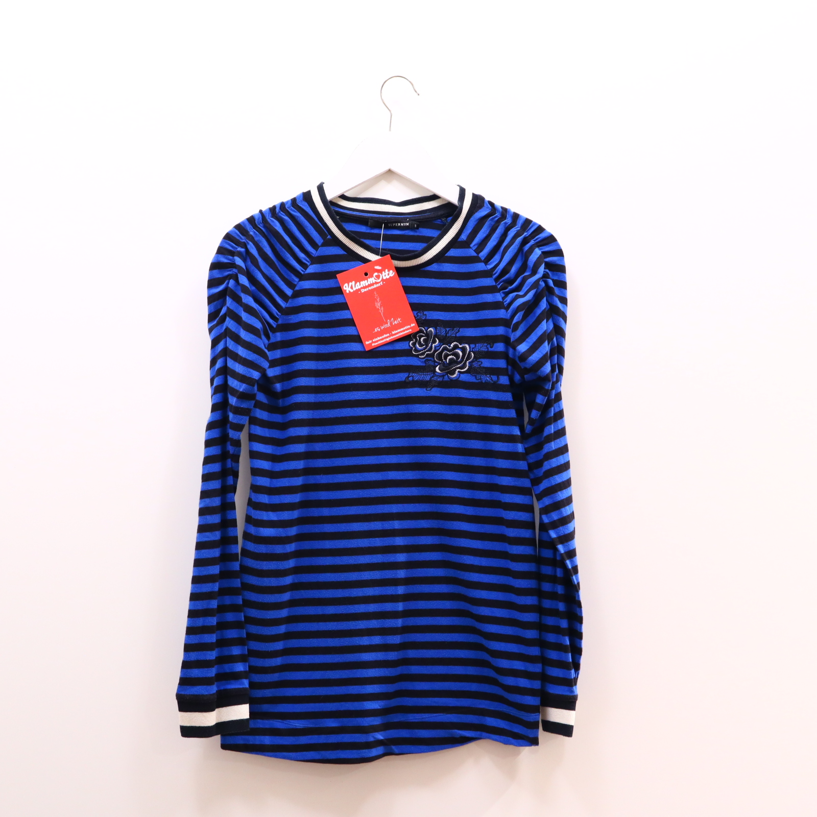 Shirt Supermom S/36 blau/schwarz Baumwolle/Elasthan gestreift/Stickerei langarm ganz leichtes Pilling