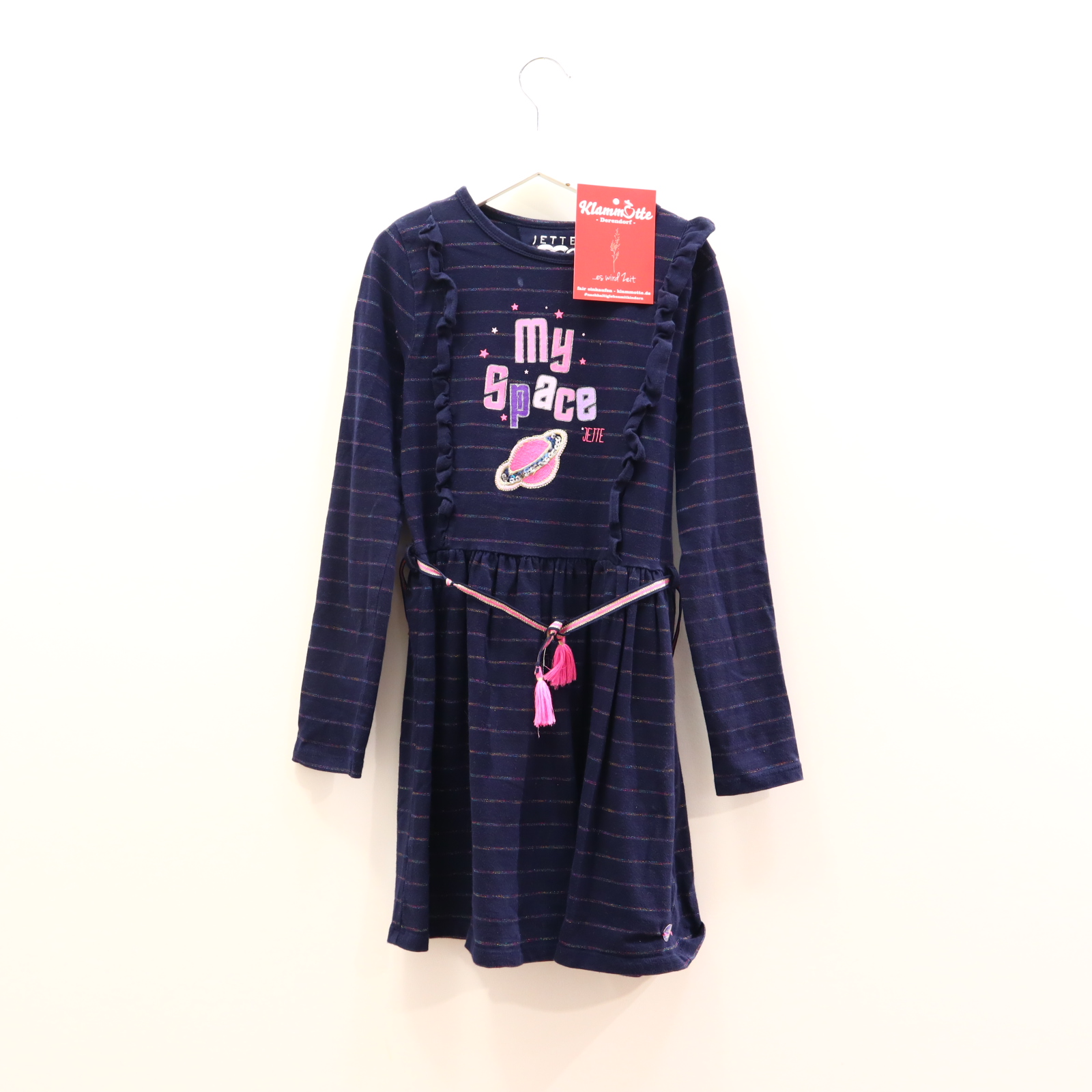 Kleider & Röcke JETTE/Staccato Jerseykleid 128/134 blau Applikation/gestreift/Glitzer/Volants