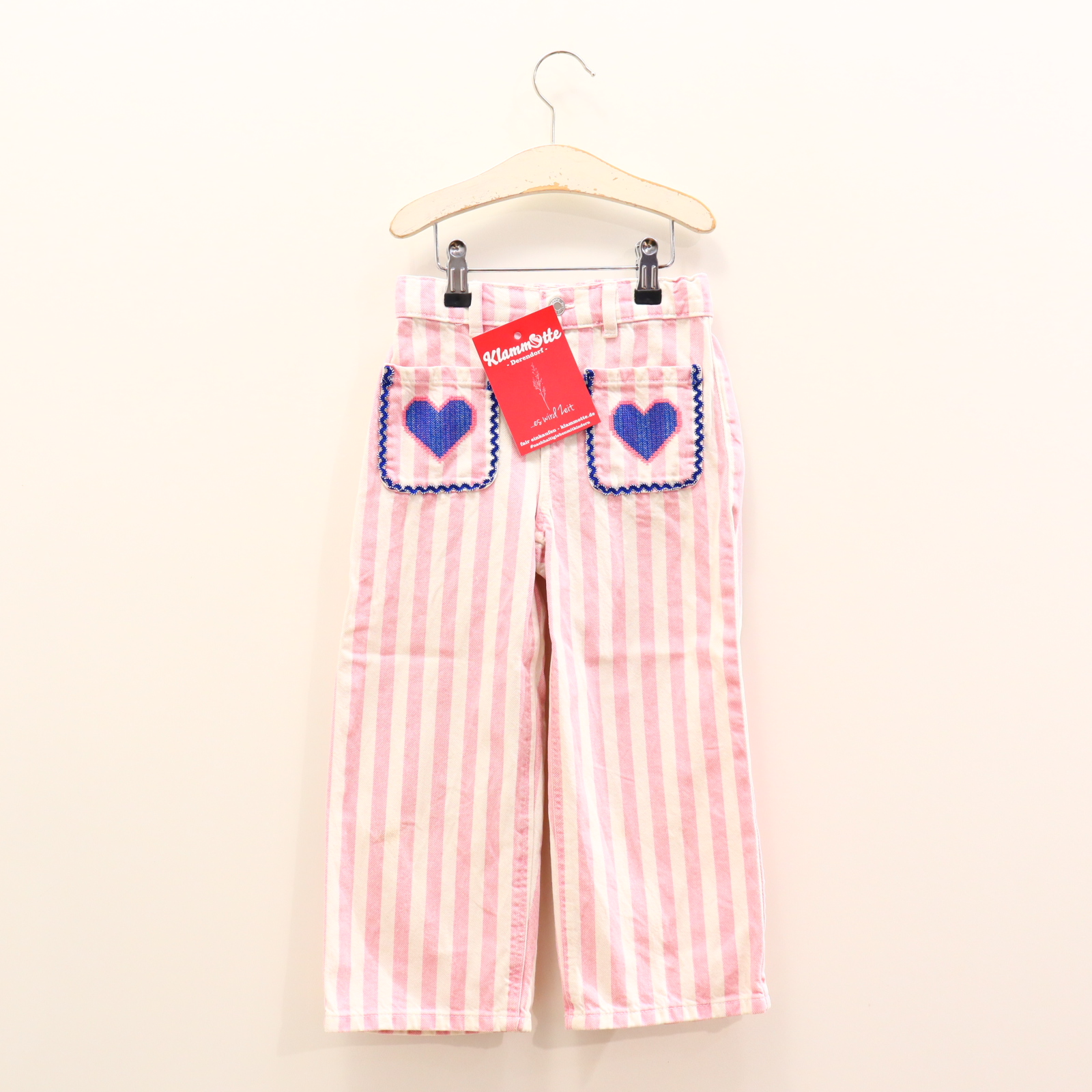 Hose ZARA Jeans 116 rosa/weiß Borde/gestreift/Stickerei Denim Druckknopf/Gummibandzug Wide Leg