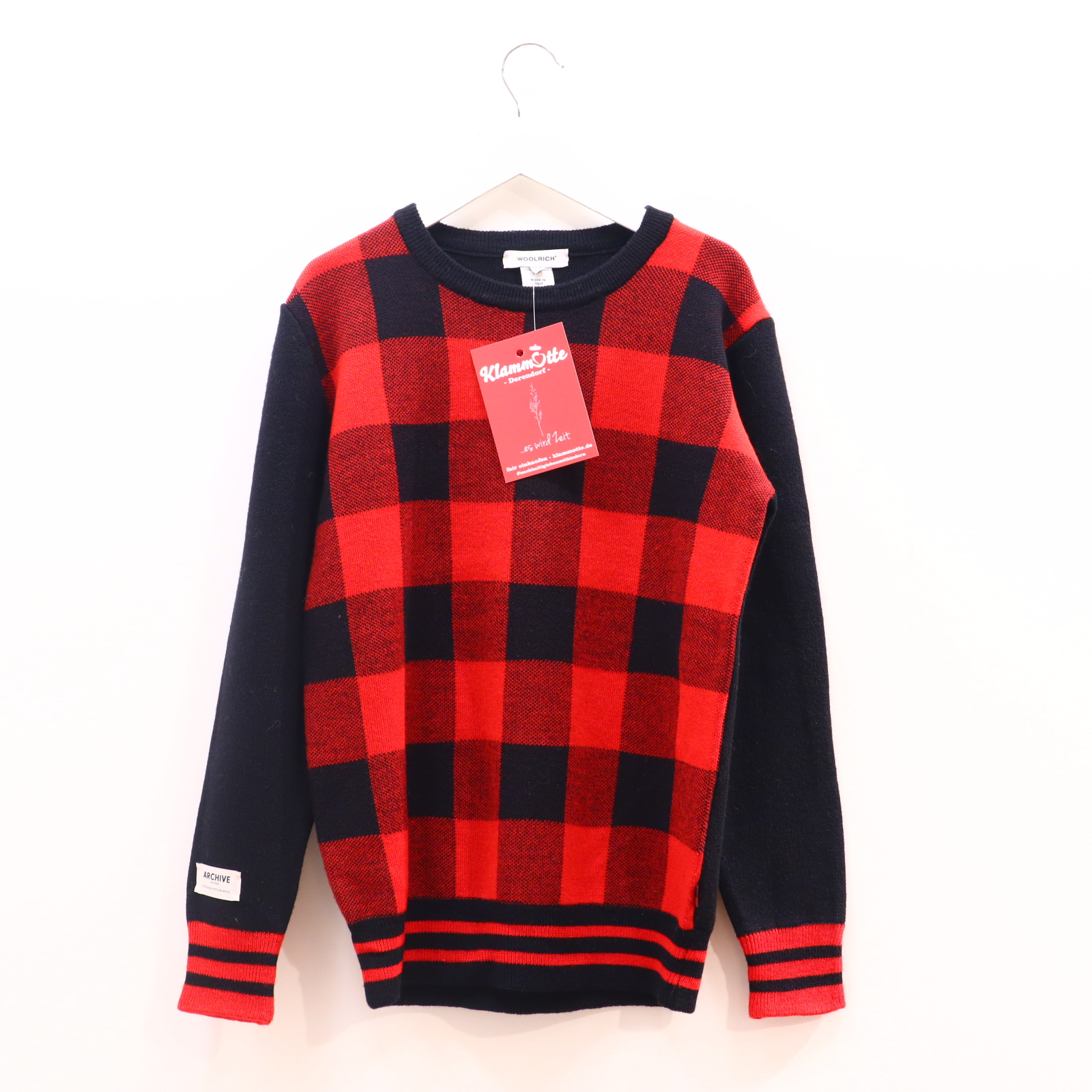 Oberteil WOOLRICH Gr. 140 Strickpullover rot/schwarz Wolle Applikation/kariert/Logo neuwertig!