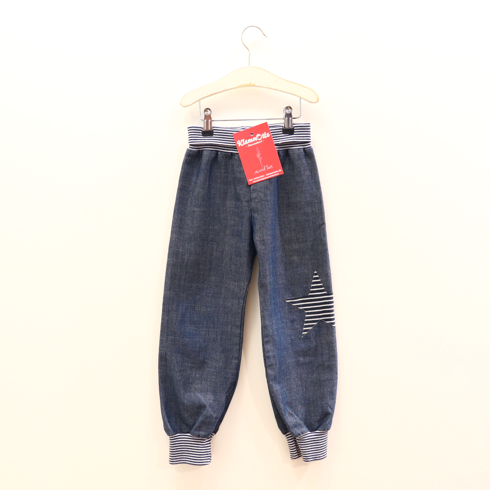 Hose Handmade 110/116 Jeans/Schlupfhose blau Applikation Komfortbund Denim