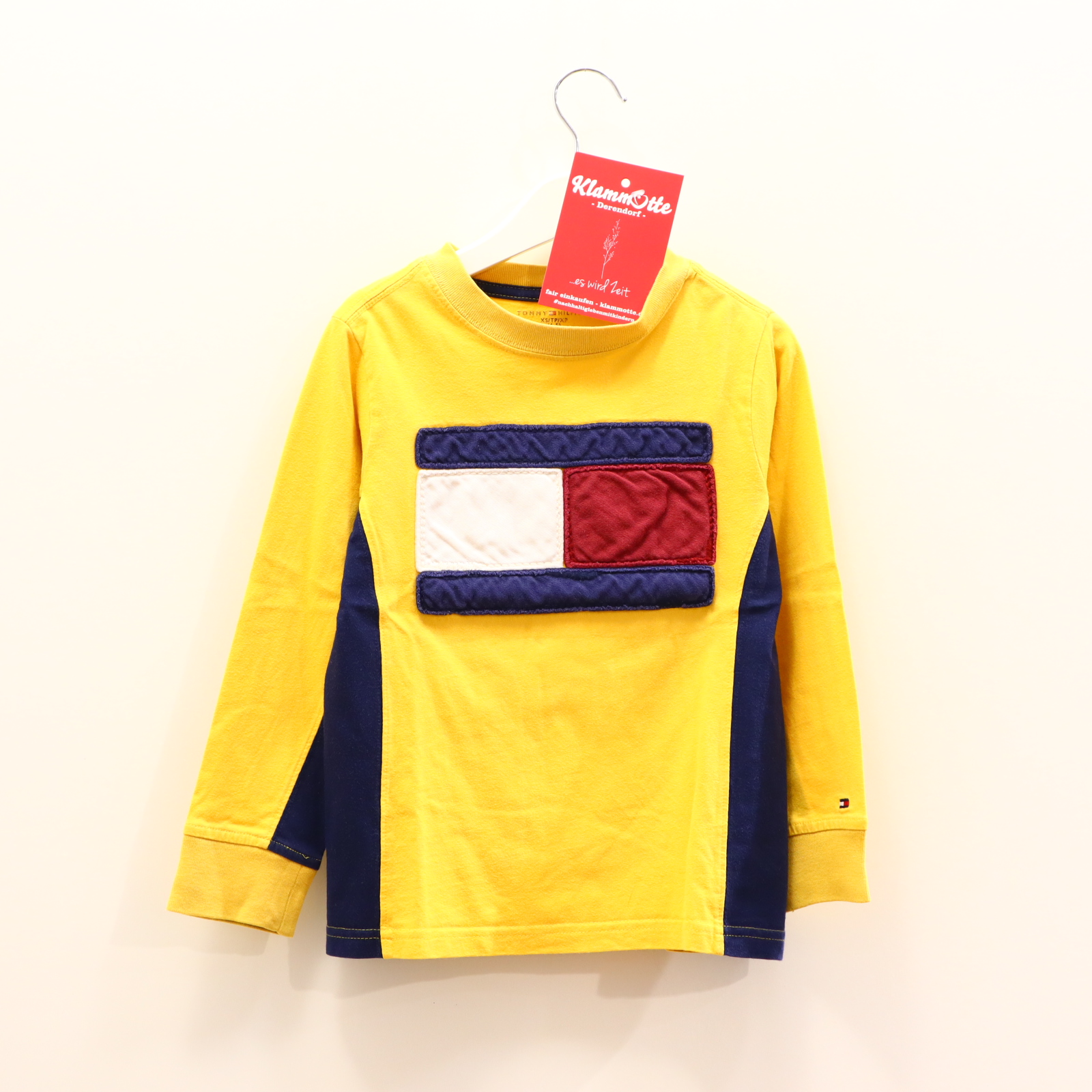 Oberteil TOMMY HILFIGER Gr. 104/Gr. 110 langarm Shirt blau/gelb Baumwolle Applikation/Logo/Stickerrei