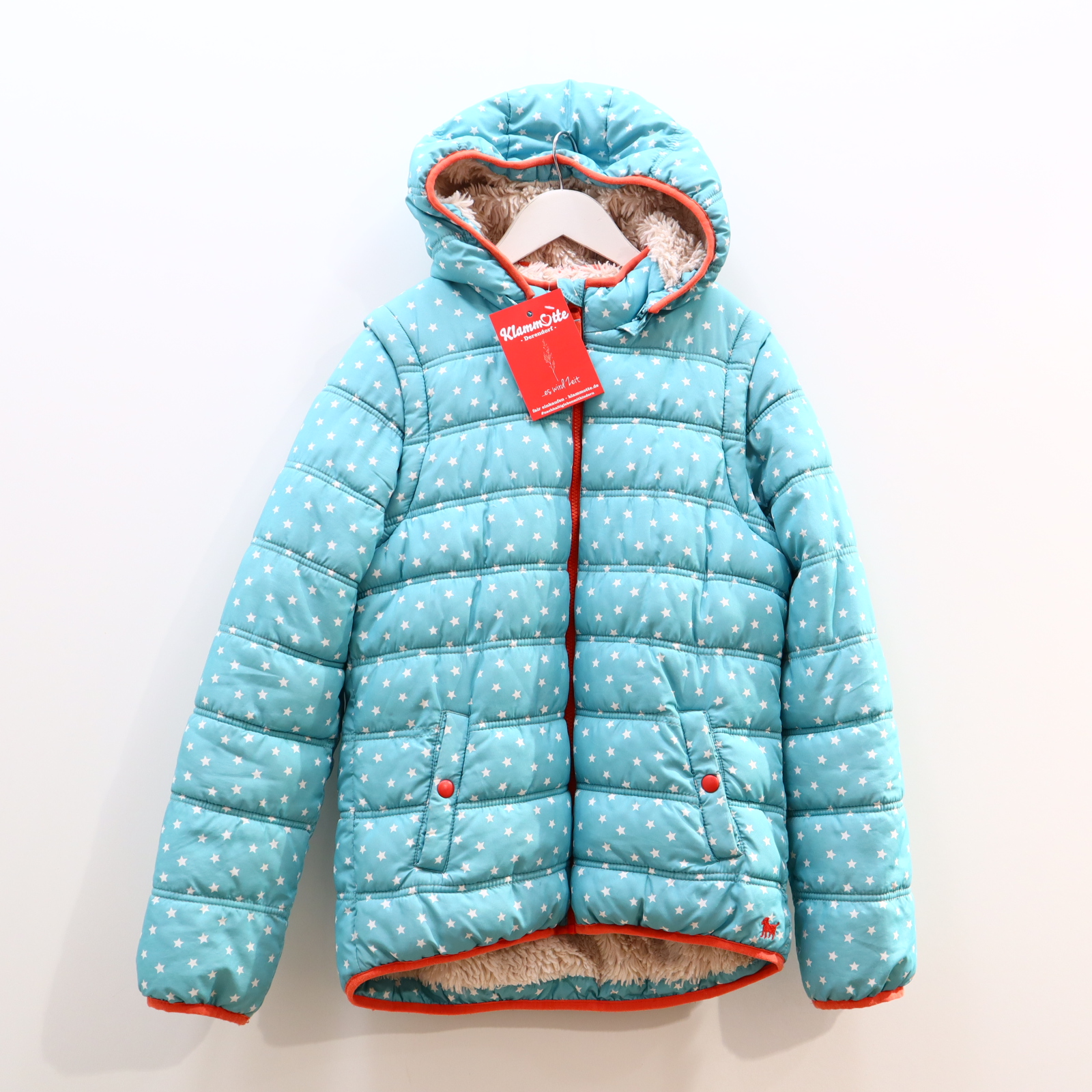 Jacke mini Boden Anorak/Steppjacke/Steppweste 164 apricot/türkis/weiß Herbst/Winter Alloverprint/Sterne abnehmb. Ärmel/abnehmb. Kapuze/gefüttert/Teddyfutter