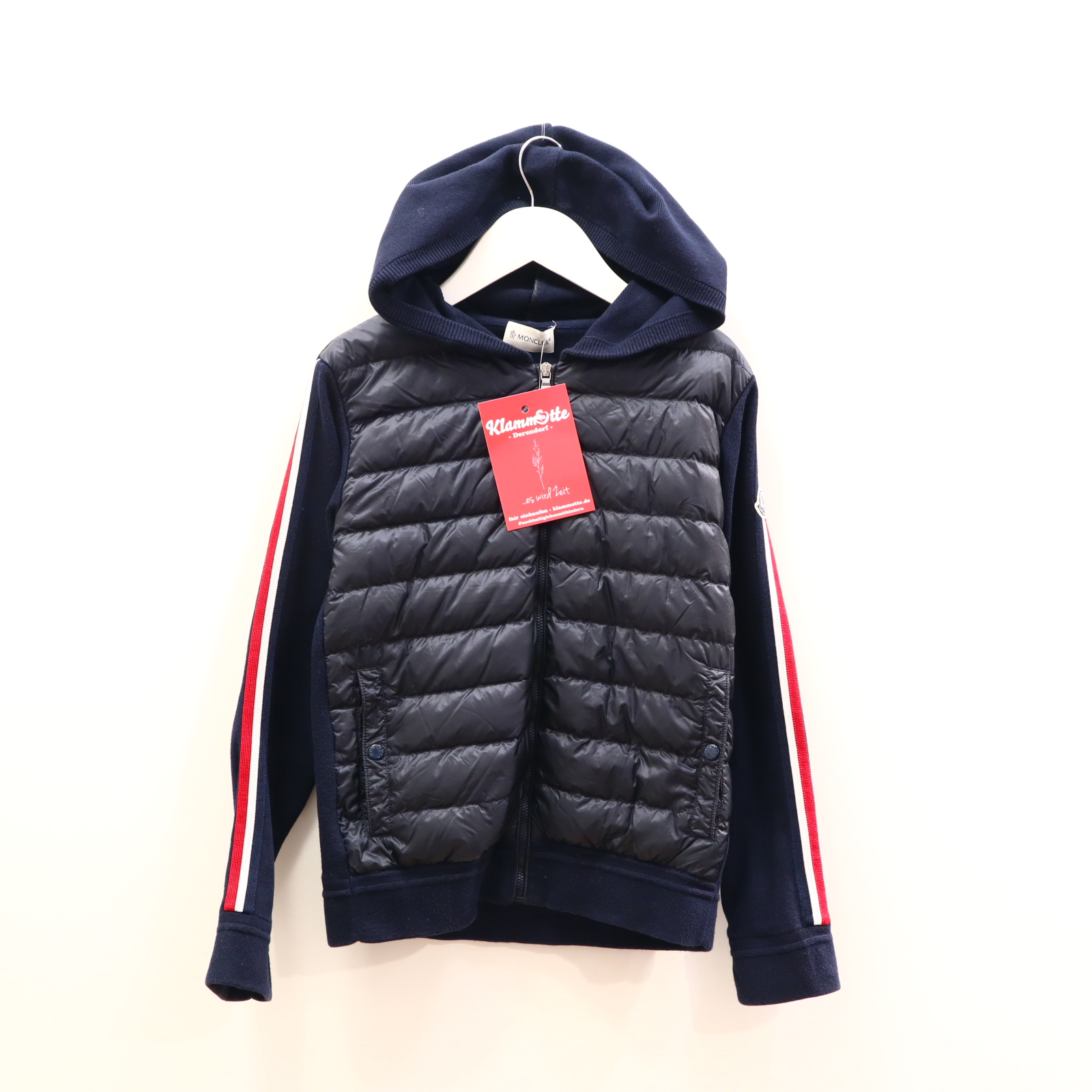 Jacke MONCLER 140 blau Applikation/Borde/Logo Kapuzenjacke/leichte Daunenjacke/Strickjacke Baumwolle/Polyamid Daunen/Federn