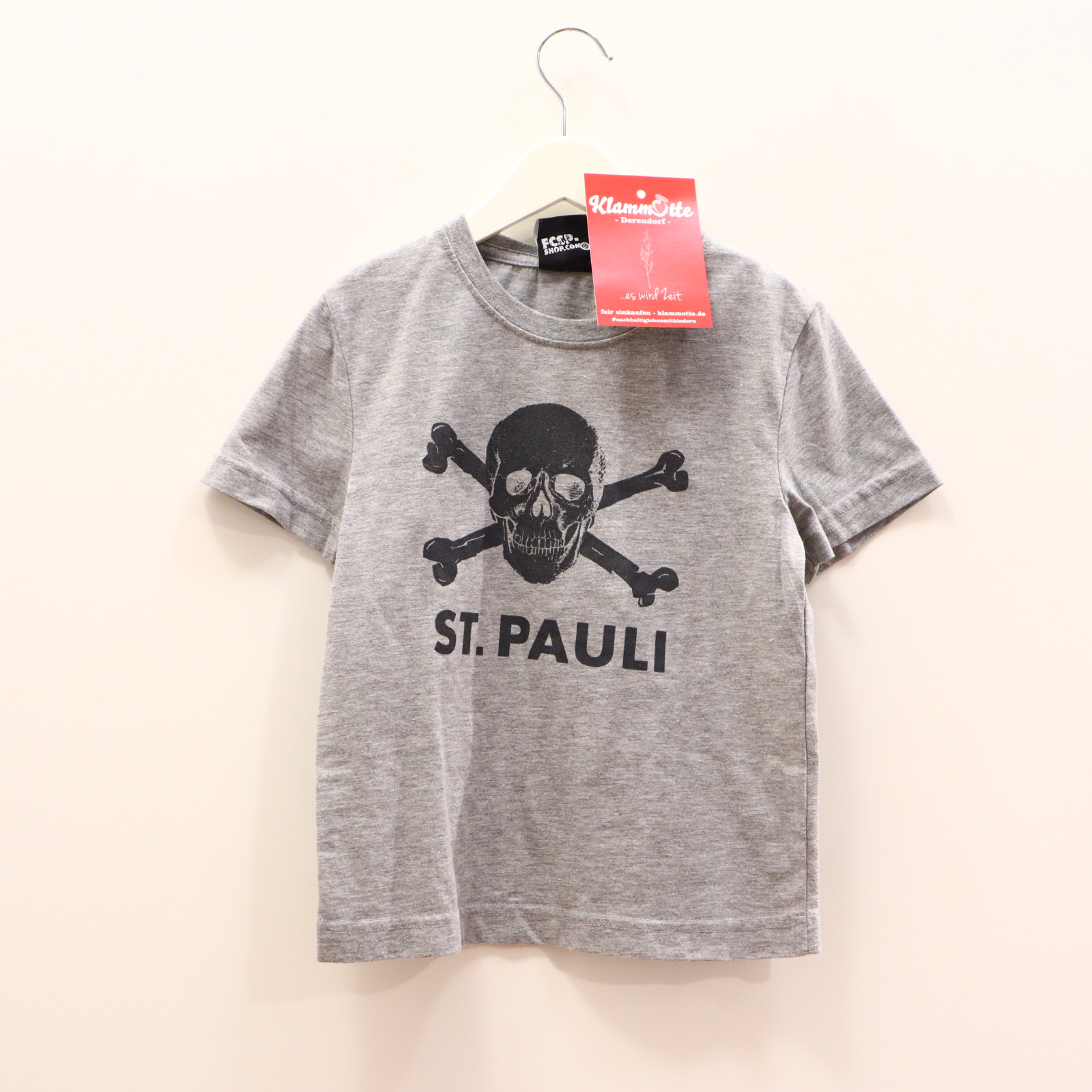 Oberteil Gr. 116 kurzarm Shirt grau Baumwolle/Polyester melange/Print St. Pauli