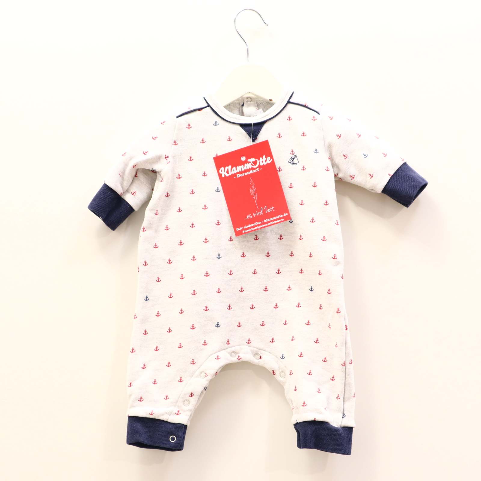 Hosen & Strampler PETIT BATEAU 62 blau/grau Alloverprint/Logo/melange/Stickerei Einteiler ohne Fuß Baumwolle/Sweat Druckknopf/Druckknöpfe im Schritt/Knopfleiste