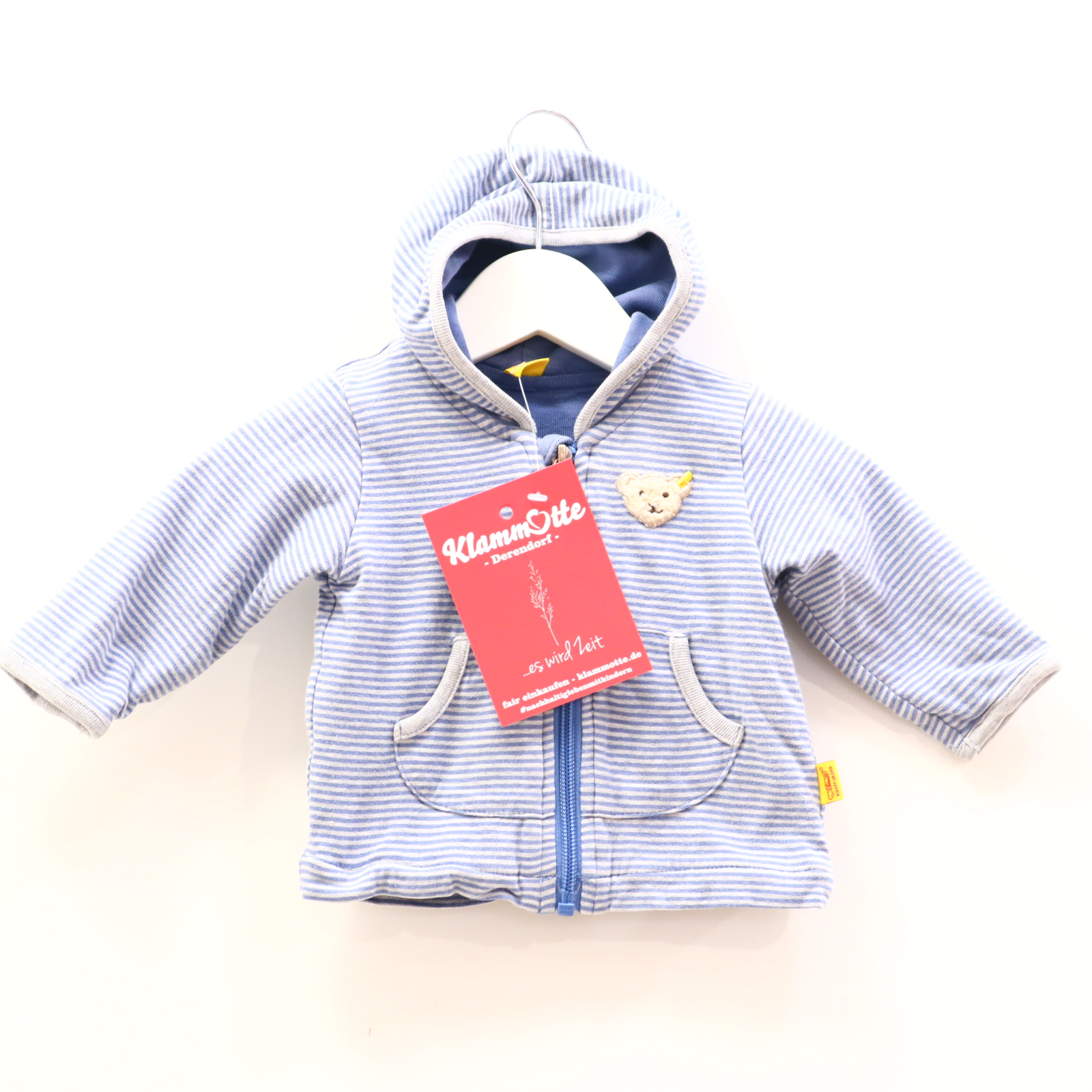 Oberteil Steiff 56 blau/grau Applikation/gestreift/Logo Kapuzenjacke Baumwolle/Doublelayer/Elasthan/Jersey
