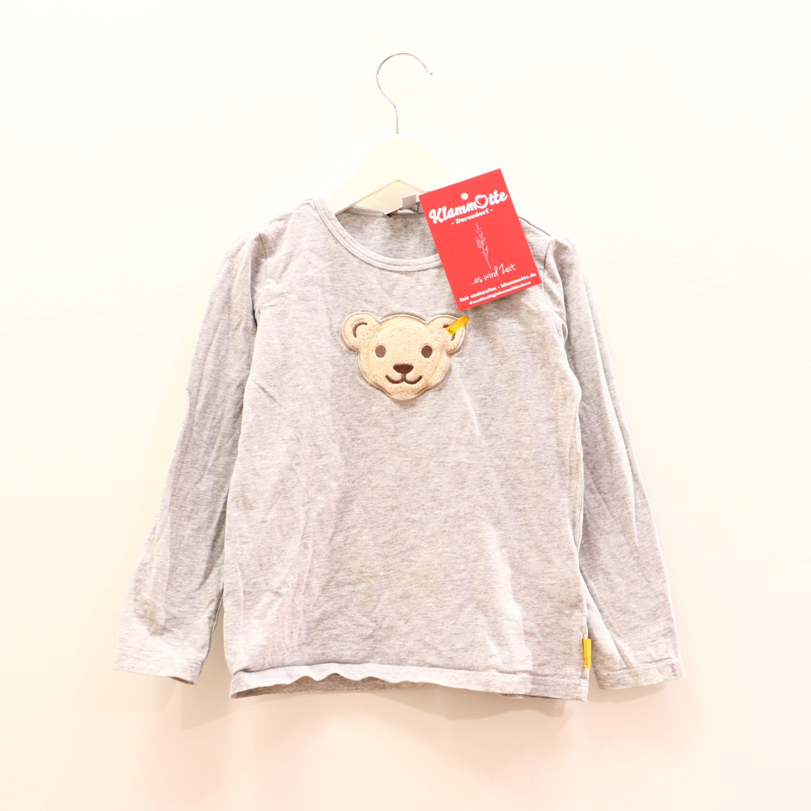 Oberteil Steiff Gr. 110 langarm Shirt grau Baumwolle/Elasthan Applikation/Logo/melange/Quietsche