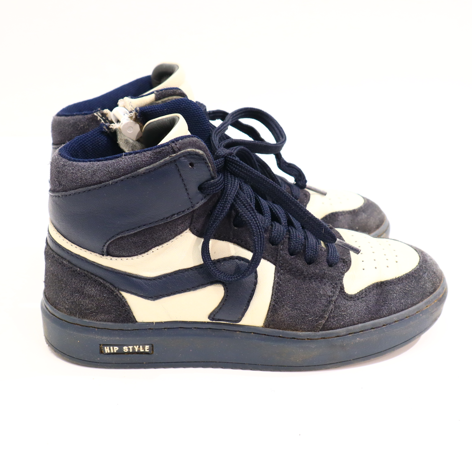 Halbschuhe HIP Mid/Schnürschuh mit Reißverschluß/Sneaker 33 blau/weiß Leder leichte gleichmäßige Ablaufspuren