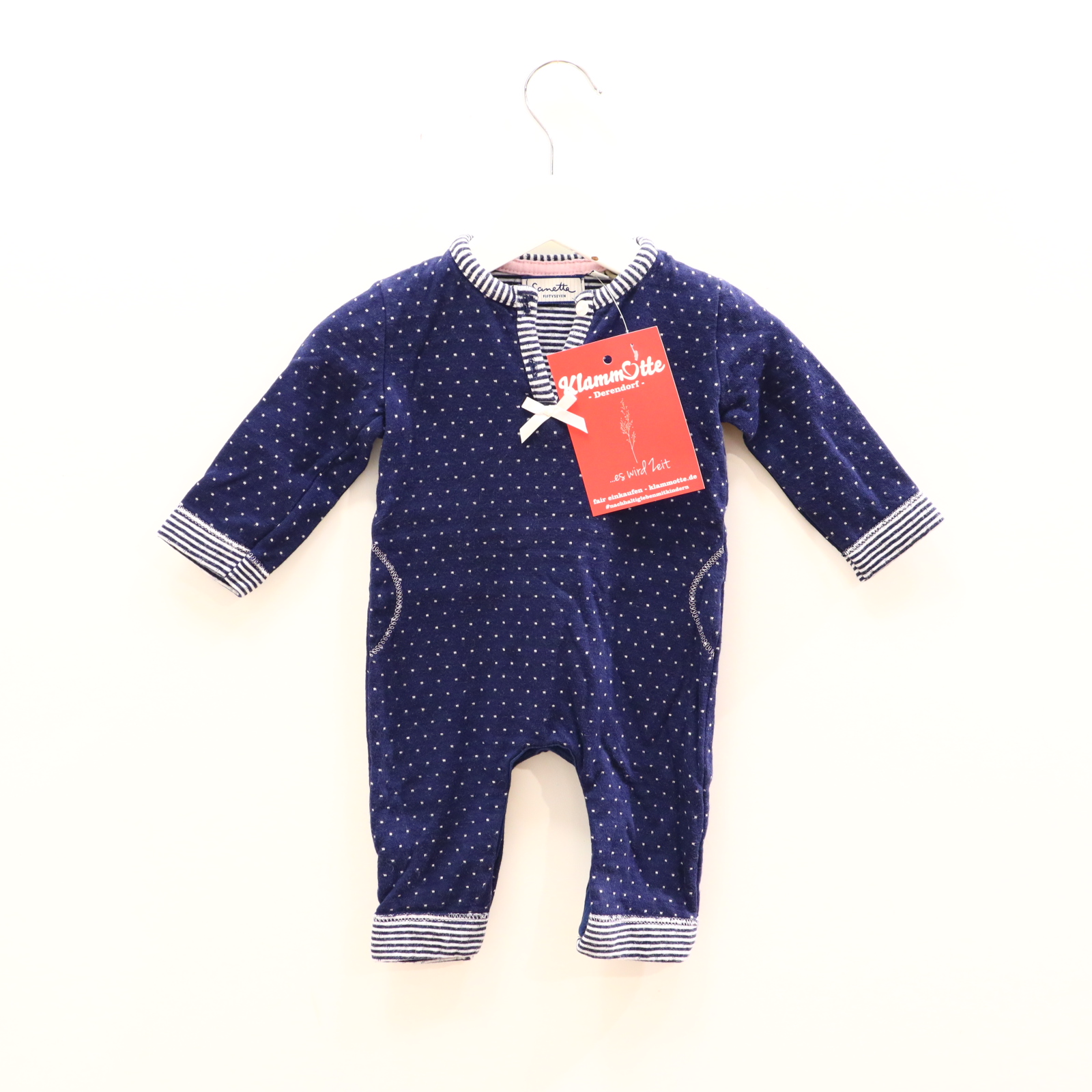 Hosen & Strampler Sanetta 62 blau/weiß gepunktet/Schleife Einteiler ohne Fuß Bio-Baumwolle/Interlock Druckknöpfe im Schritt