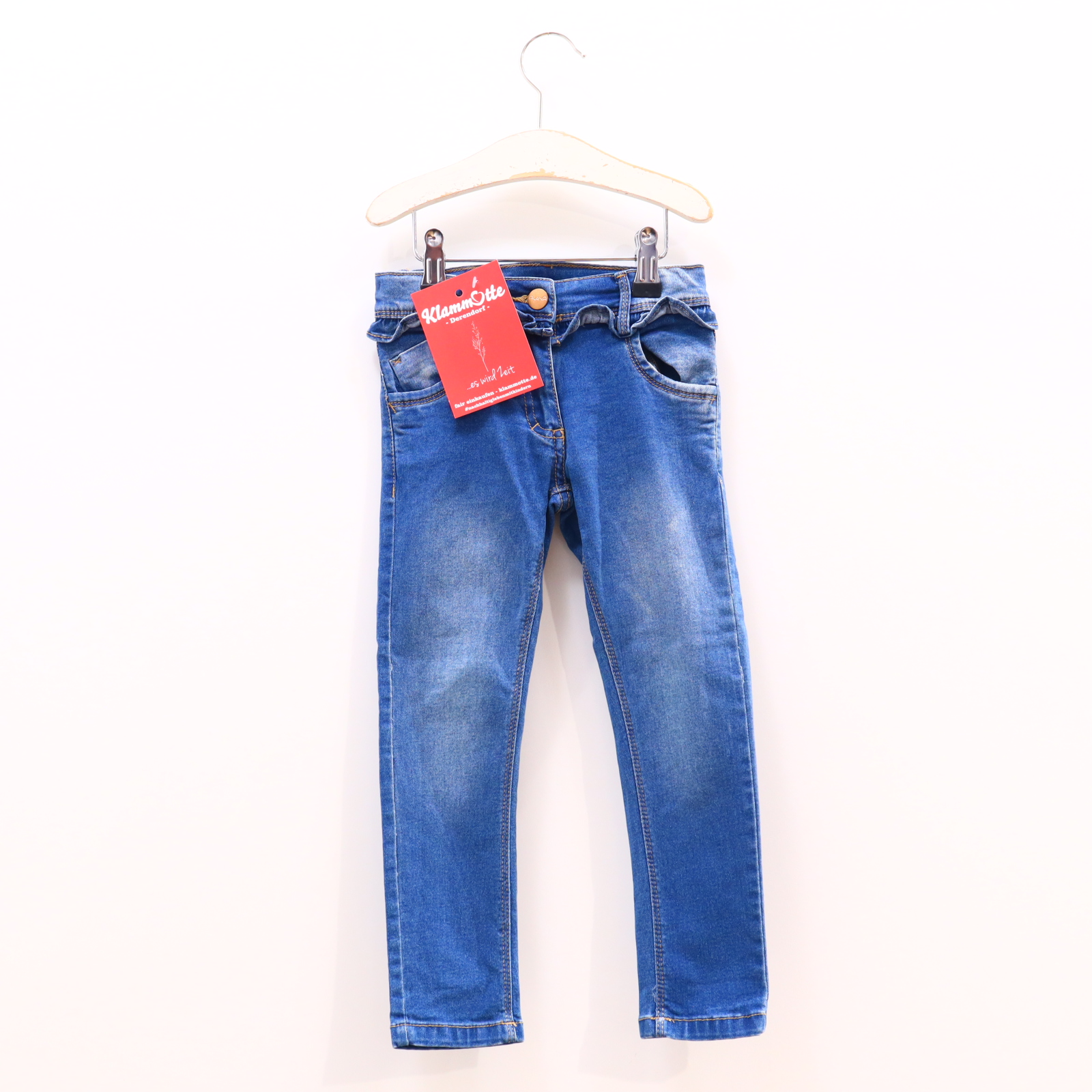 Hose ALANA Jeans 104 blau Rüschen Denim Reißverschluß/Schiebeknopf/verstellb. Bund Skinny