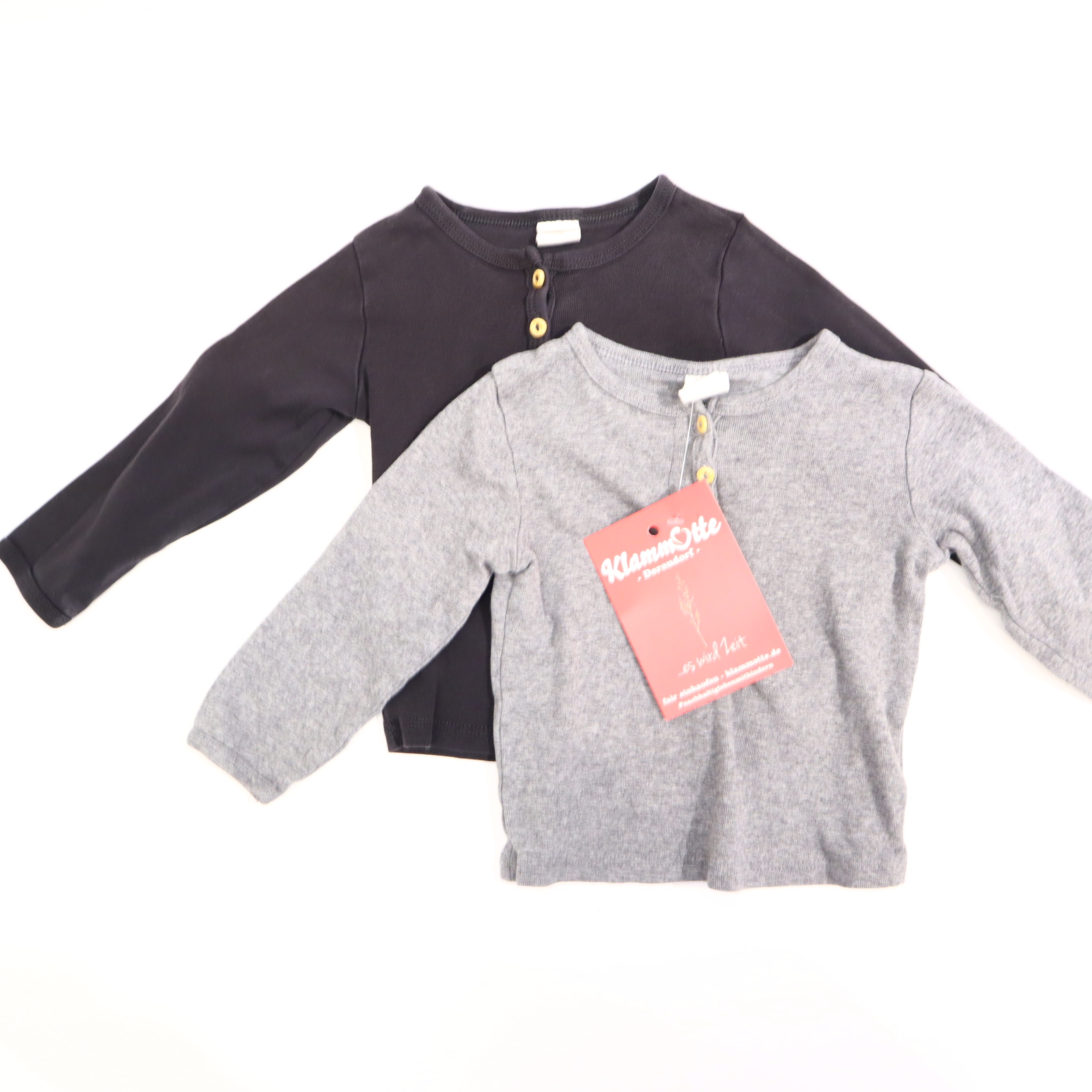 Oberteil H&M 80 anthrazit/grau melange langarm Shirt/2er-Set Baumwolle Henley