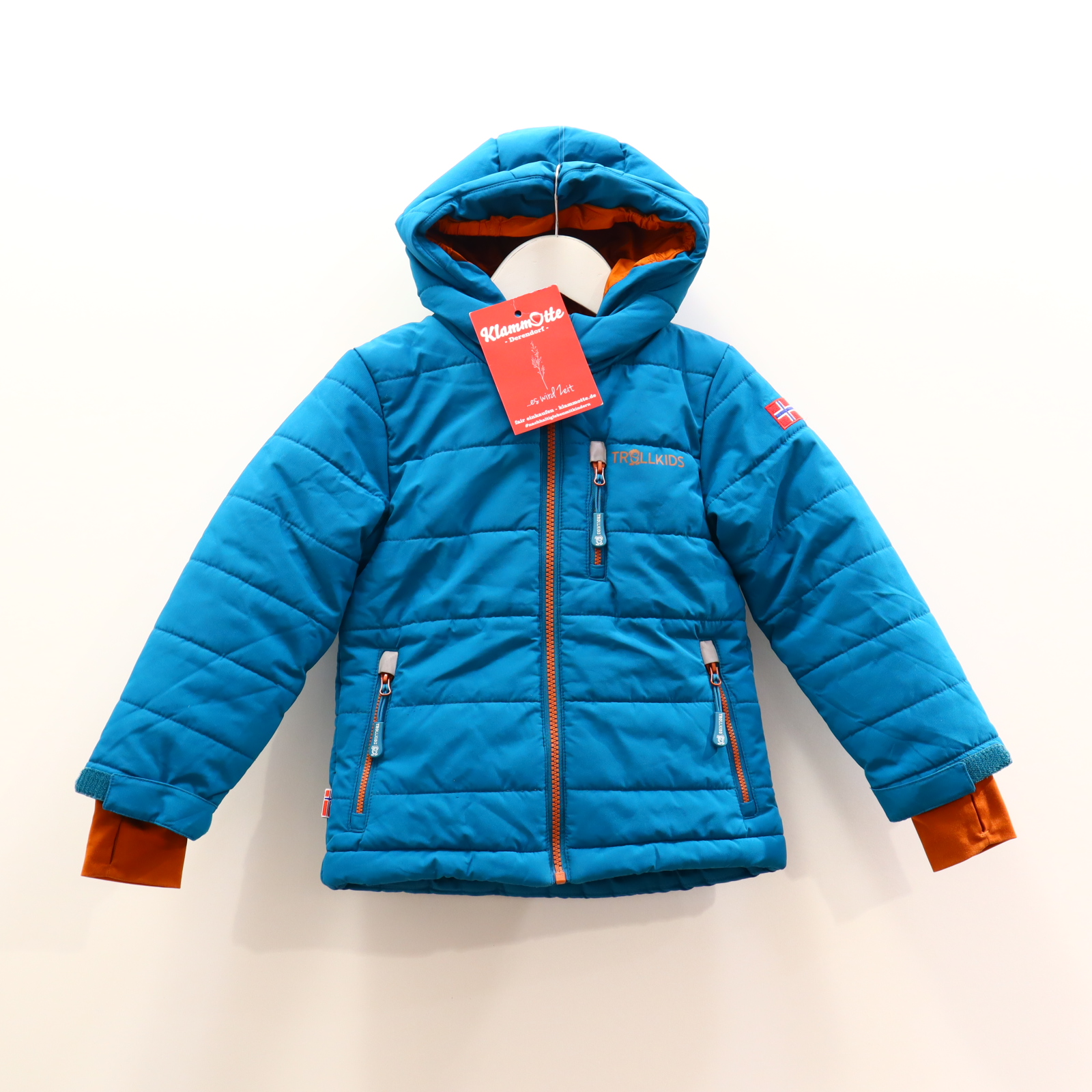 Jacke TROLLKIDS 110 karamell/petrol Applikation/Logo/Print Anorak/Skijacke Schneefang Herbst/Winter