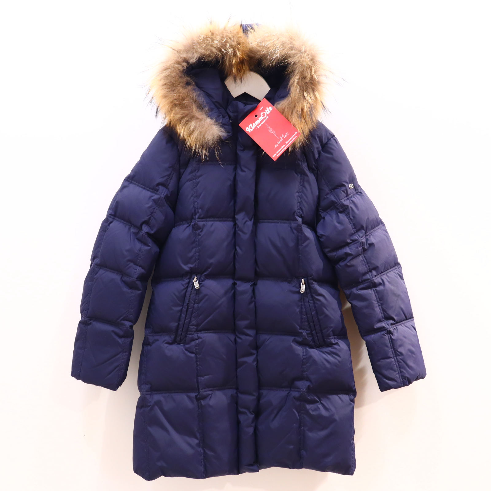 Jacke EDDIE PEN Daunenjacke/Steppmantel 140 Daunen/Federn blau Herbst/Winter Applikation/Logo abnehmb. Kapuze/abnehmb. Kapuzenbesatz/Echtfellbesatz sehr gut