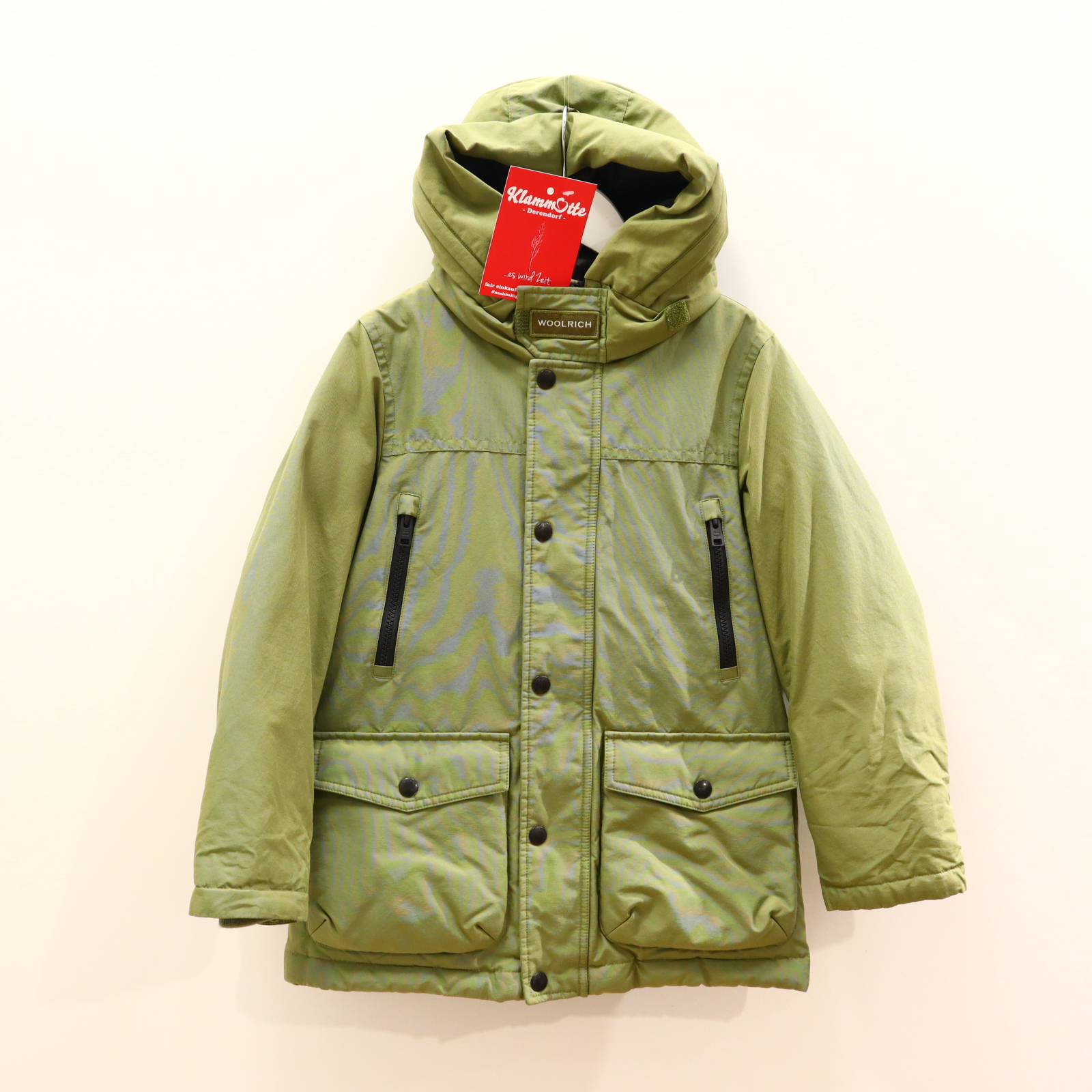 Jacke WOOLRICH 128 oliv Parka Daunen/Federn Herbst/Winter ganz kleiner blasser Fleck!