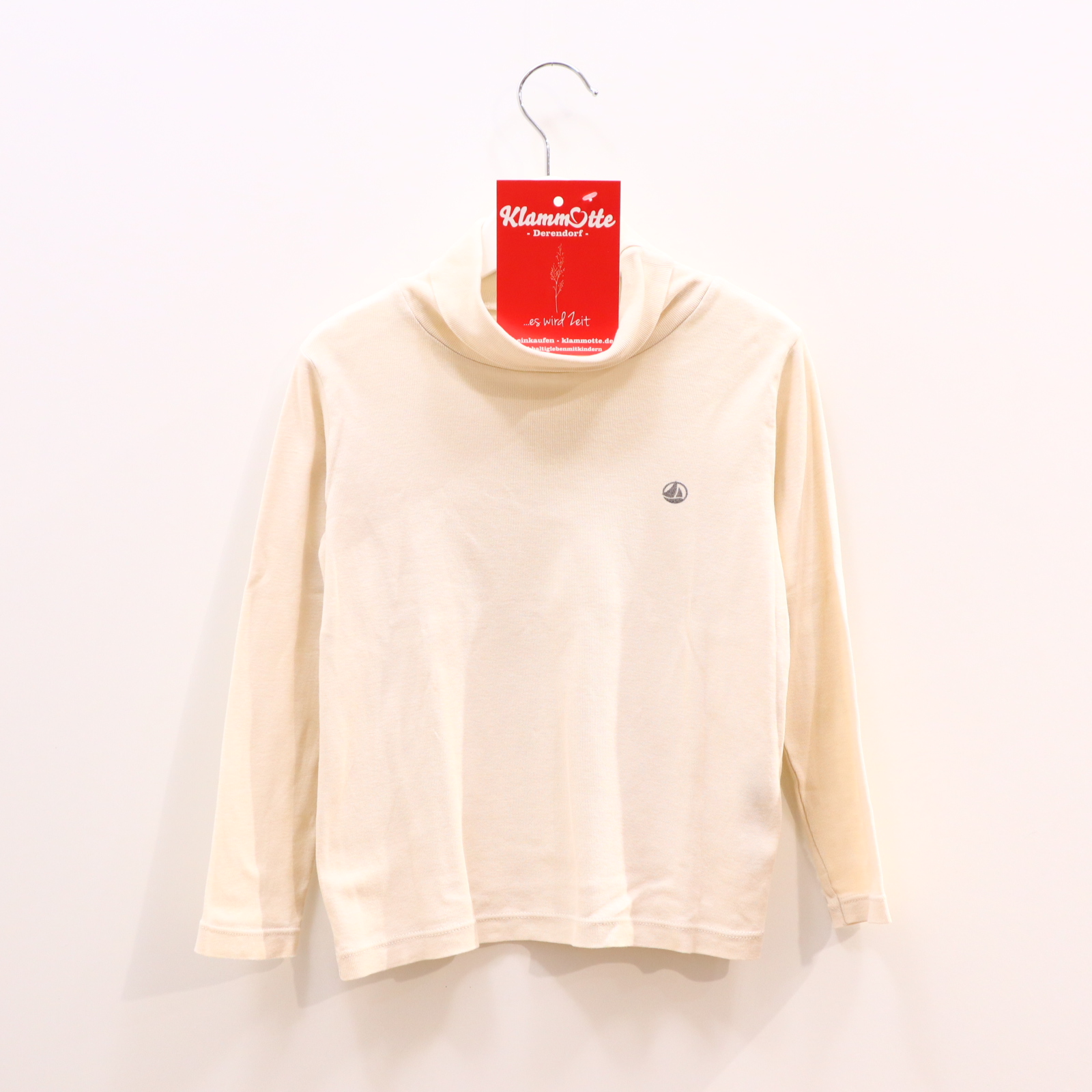 Oberteil PETIT BATEAU Gr. 110 langarm Shirt creme Baumwolle Logo/Print Rollkragen