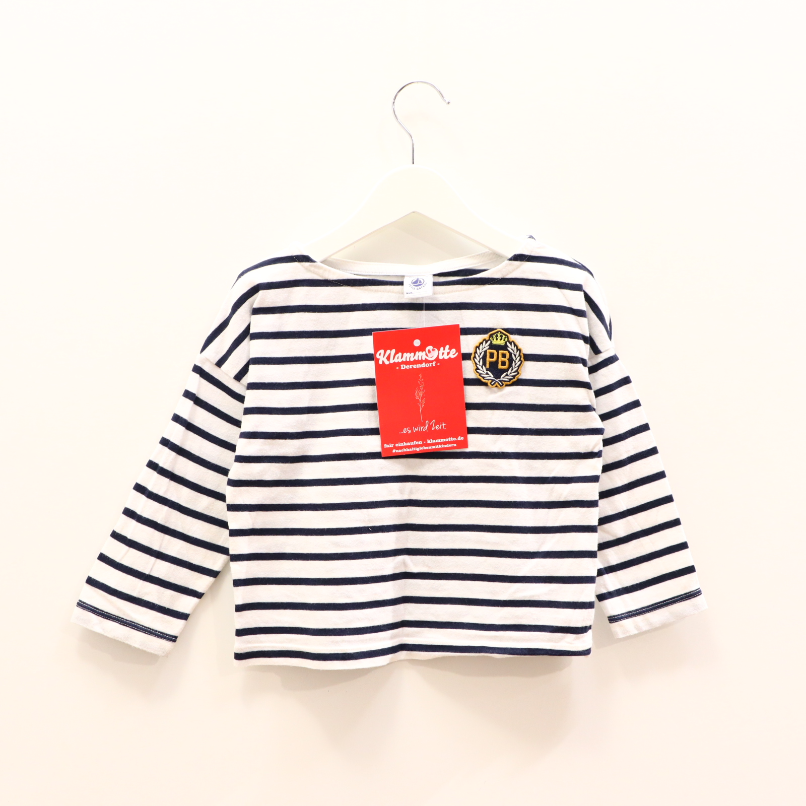 Oberteil PETIT BATEAU Gr. 104 langarm Shirt blau/weiß Baumwolle Applikation/gestreift/Logo U-Boot-Kragen