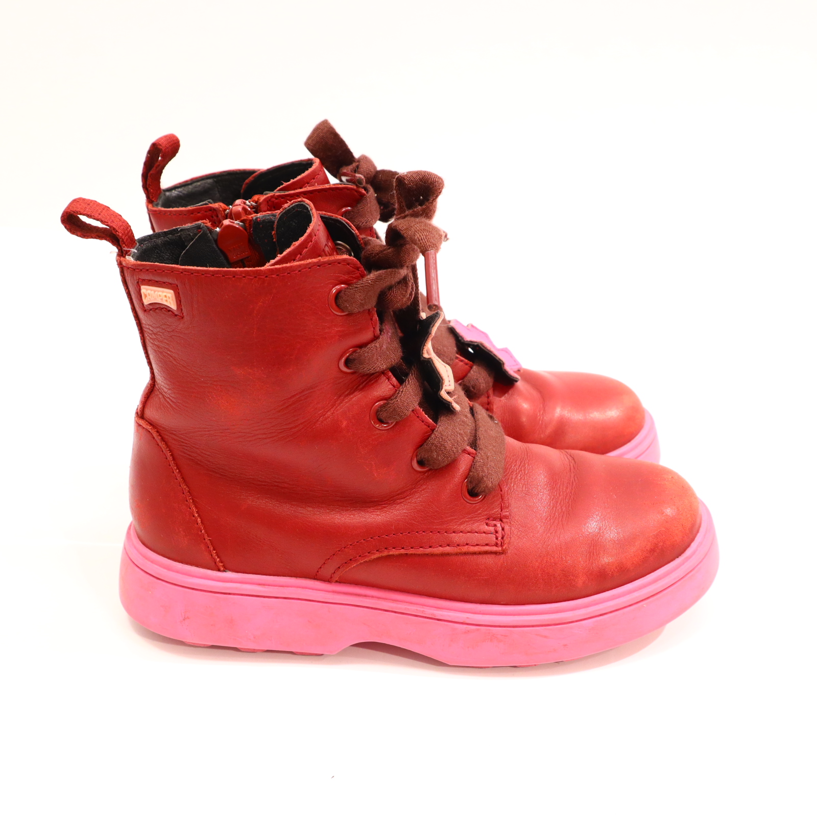 Halbschuhe CAMPER Boots/Schnürschuh mit Reißverschluß/Stieffelette 31 bordeaux/pink Leder leichte gleichmäßige Ablaufspuren