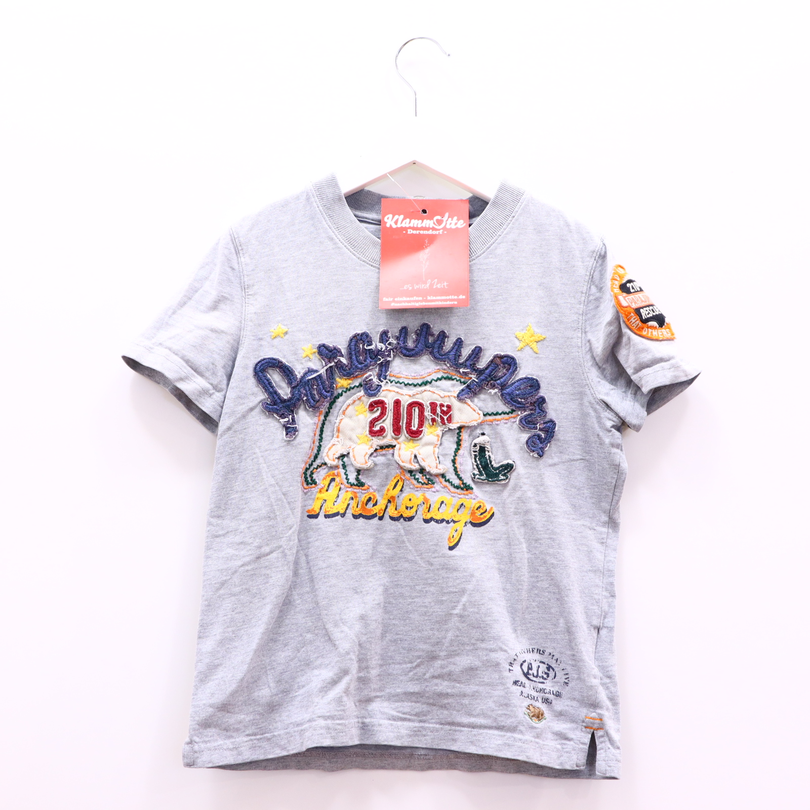 Oberteil PARAJUMPERS Gr. 116 kurzarm/Shirt grau Baumwolle Applikation/Logo/Stickerrei