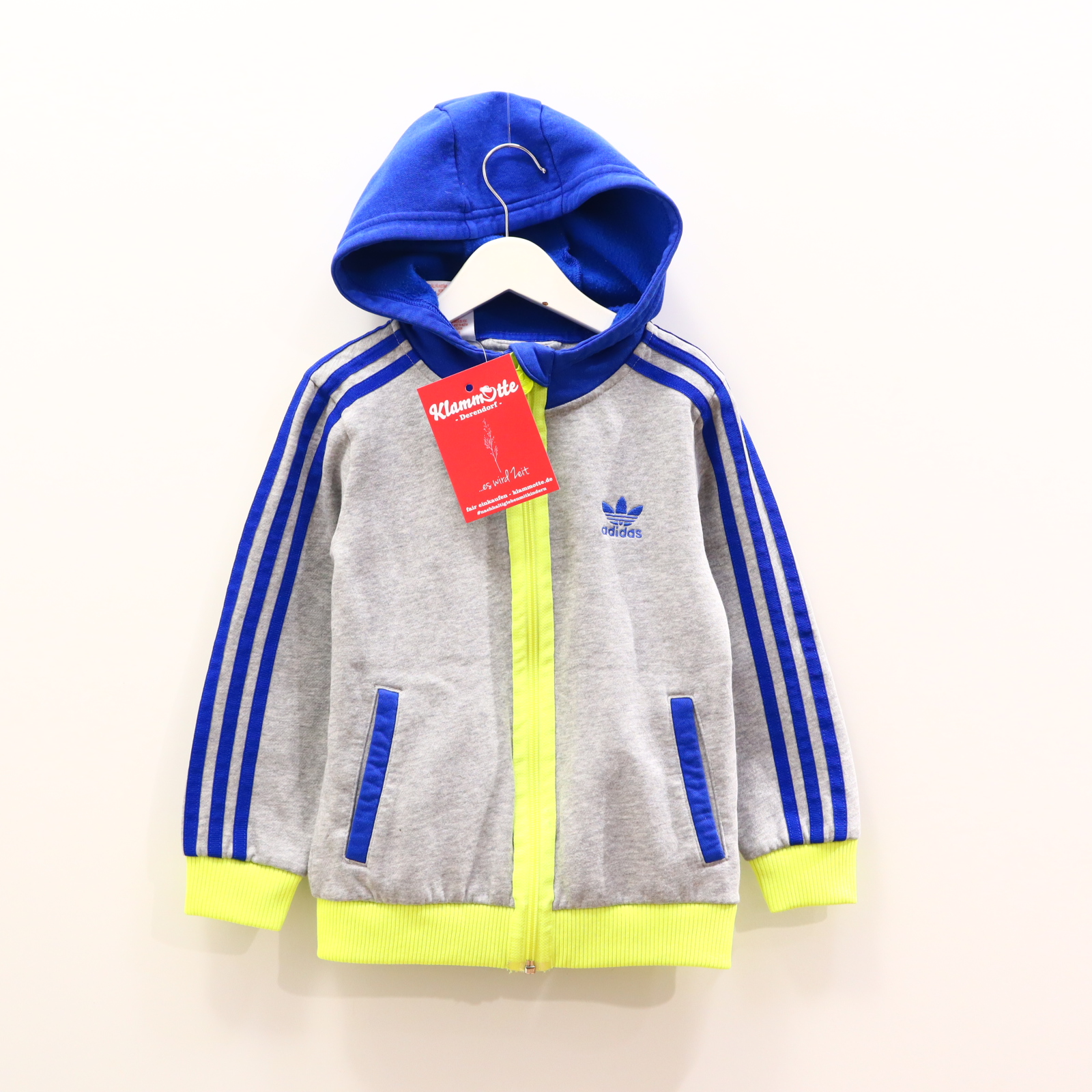 Oberteil Adidas Gr. 128 Kapuzenjacke blau/gelb/grau Baumwolle/Polyester Borde/Logo/melange/Stickerrei