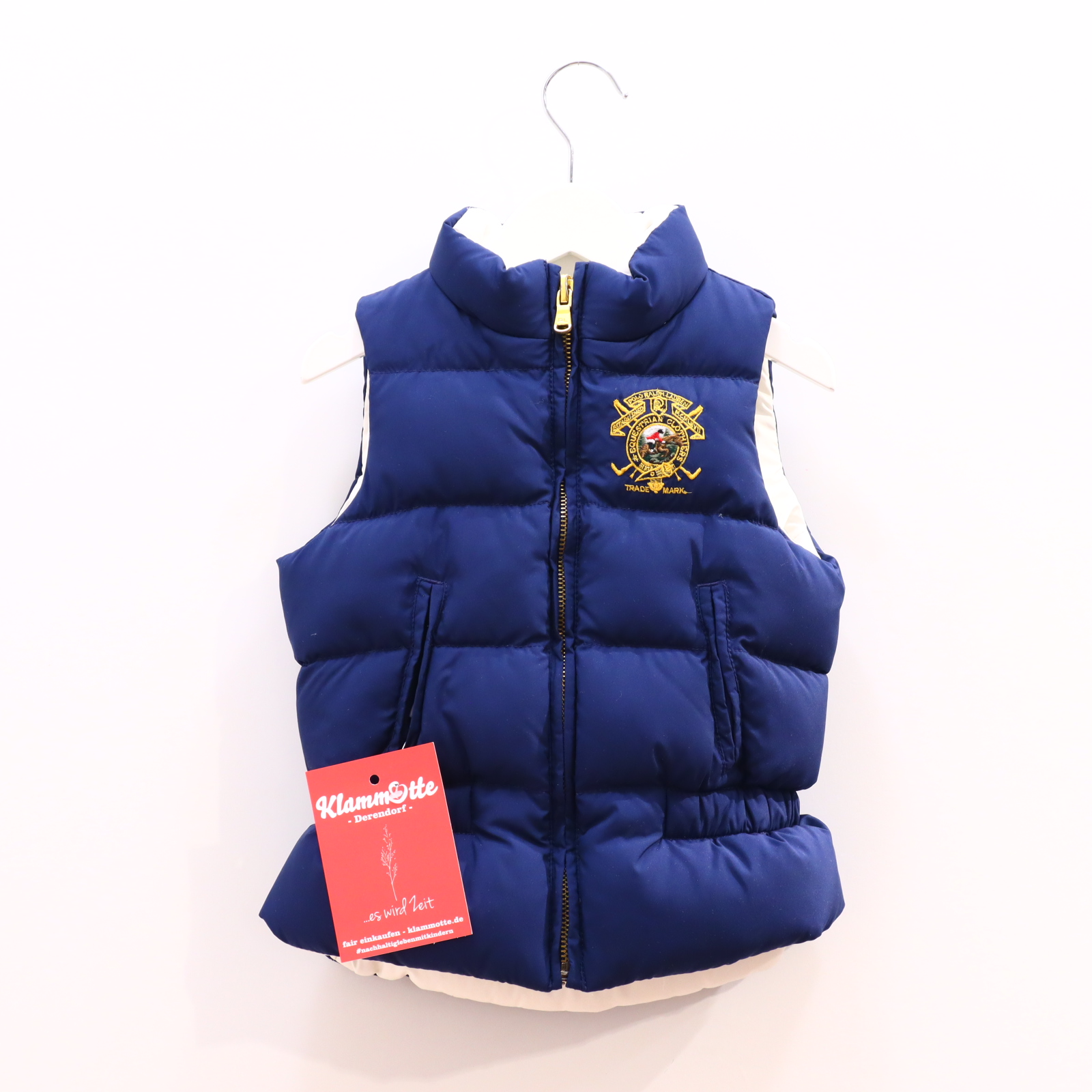 Jacke RALPH LAUREN Steppweste 104 Daunen/Federn blau/weiß Herbst/Winter Logo/Stickerrei wendbar kl. Fleck