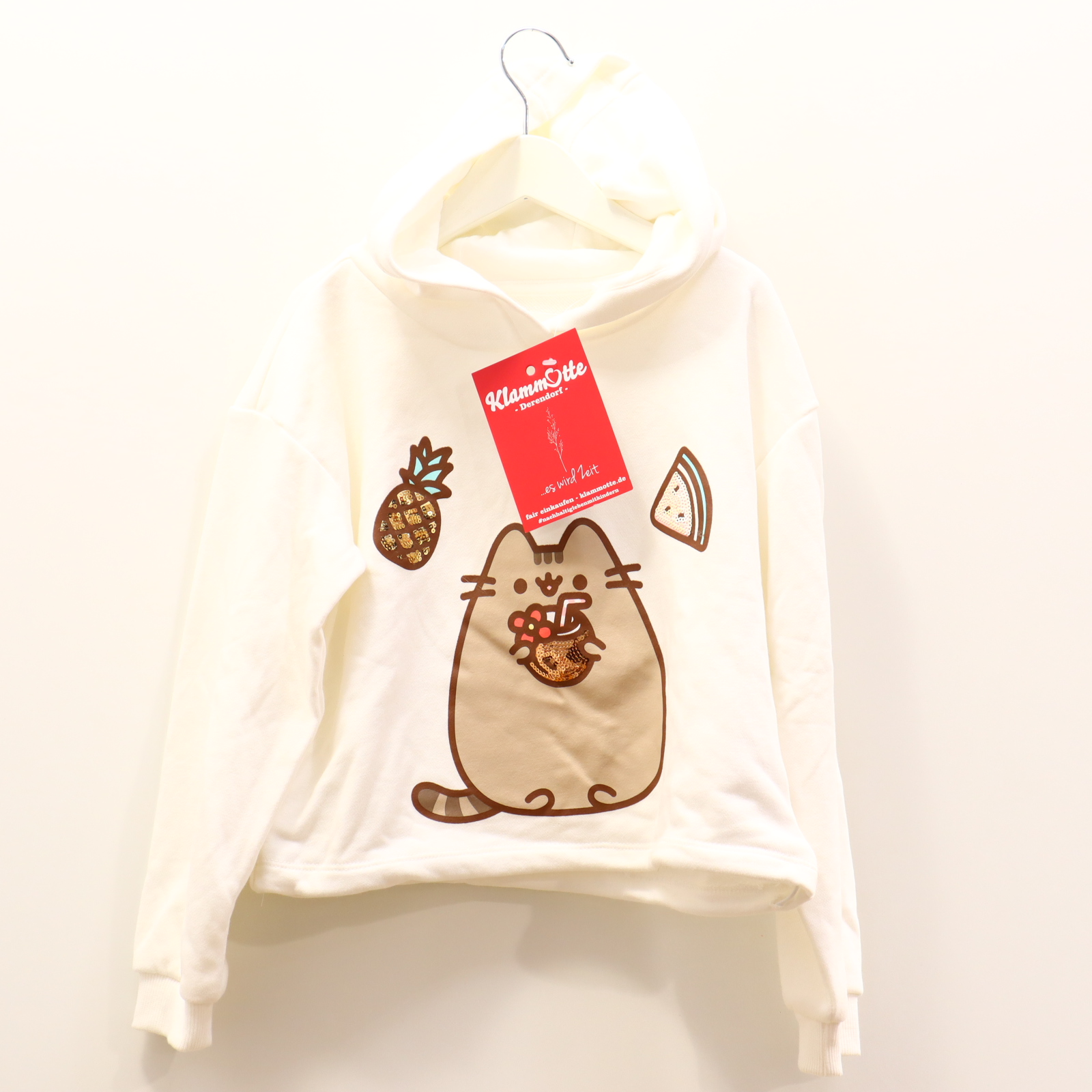 Oberteil RESERVED 122/128 weiß Pailetten/Print Kapuzenpullover Baumwolle/Polyester Crop