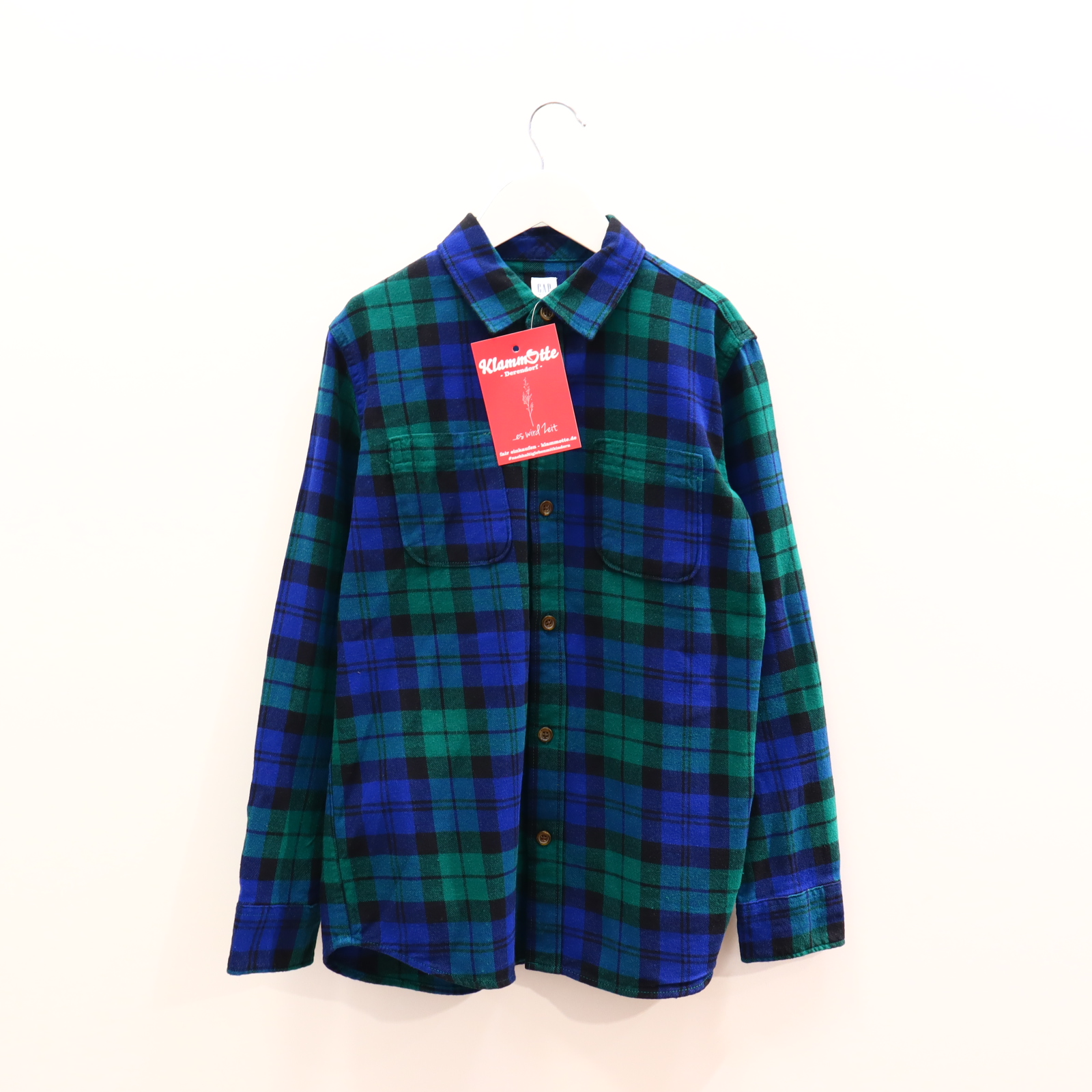 Oberteil GAP Gr. 152 Hemd/langarm blau/grün/schwarz Baumwolle/Flanell gestreift Kragen
