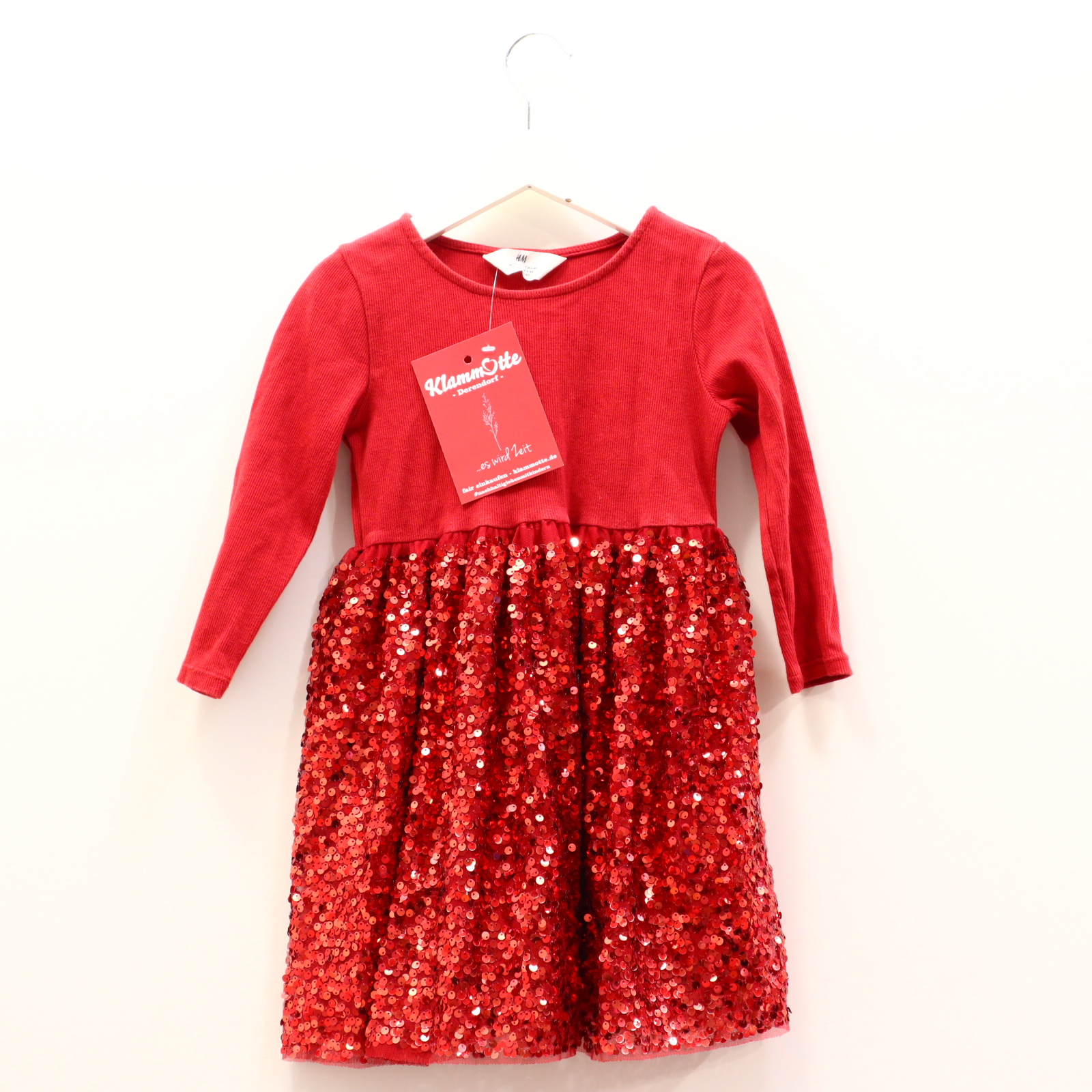 Kleider & Röcke H&M Pailettenkleid 104 rot Pailletten/Rippstrick Jersey/Tüll