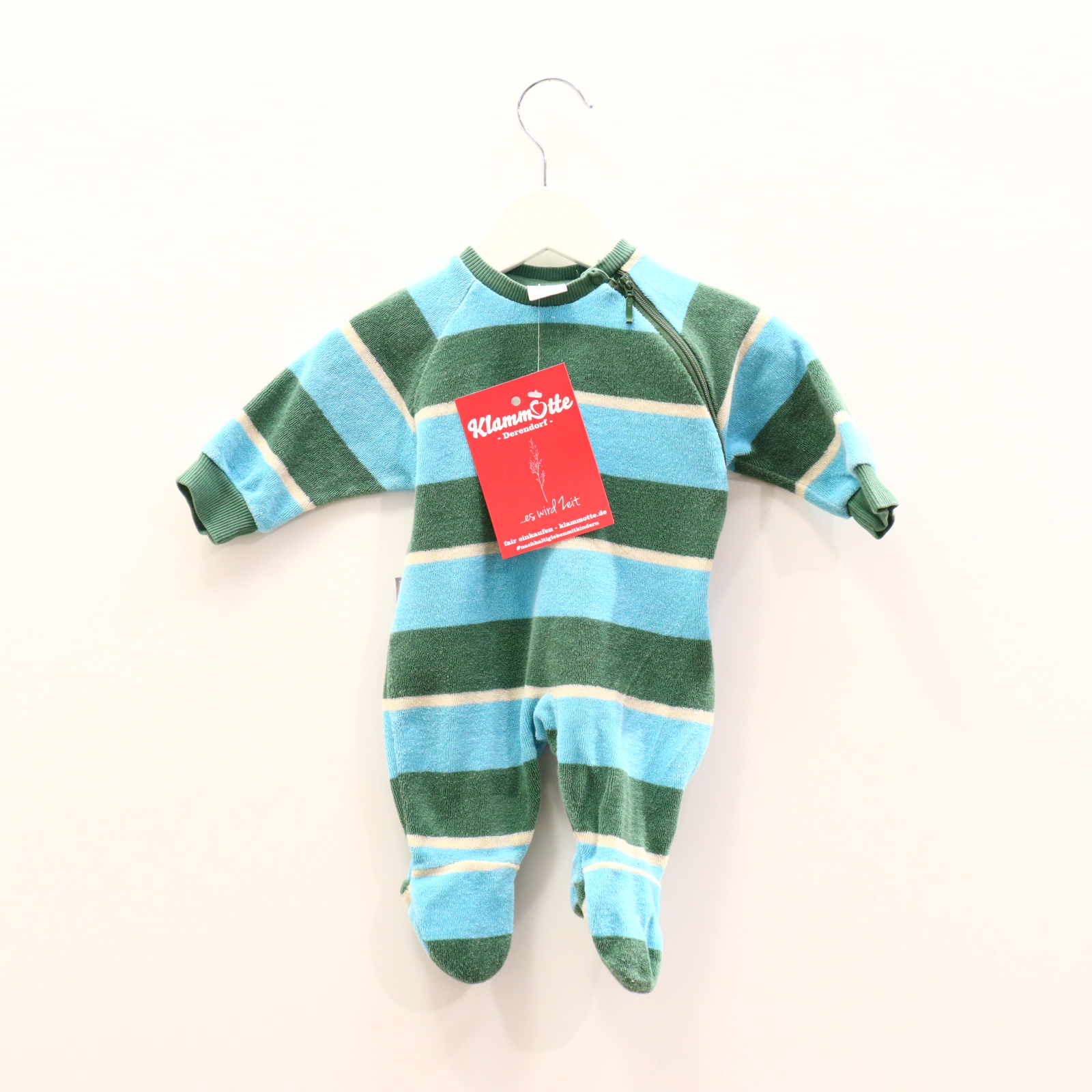 Oberteil Sanetta 50 grün/hellblau/weiß gestreift Schlafeinteiler mit Fuß Baumwolle/Nicki/Polyester