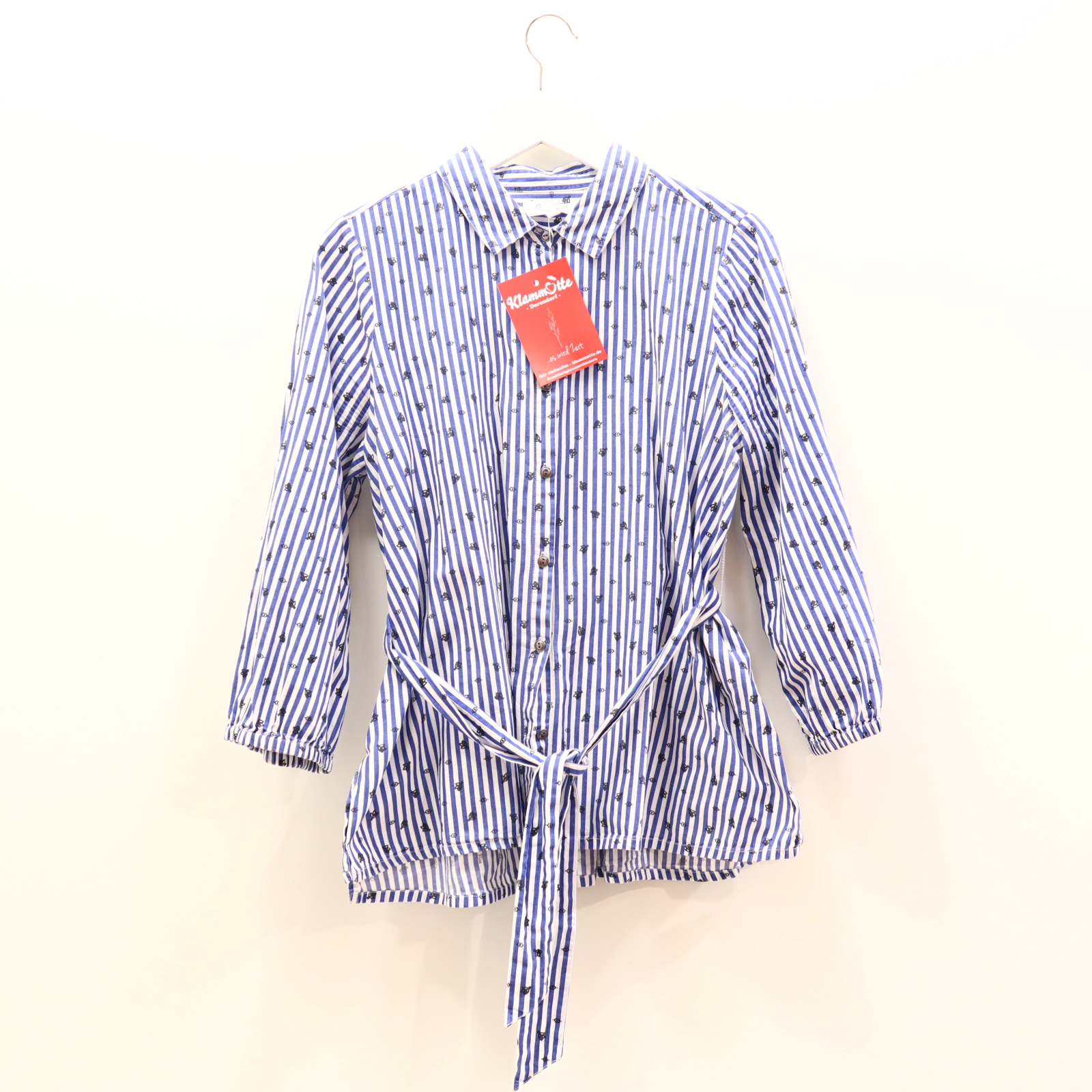 Bluse Queen Mum L/42/44 blau/schwarz/weiß gestreift/Alloverprint Baumwolle
