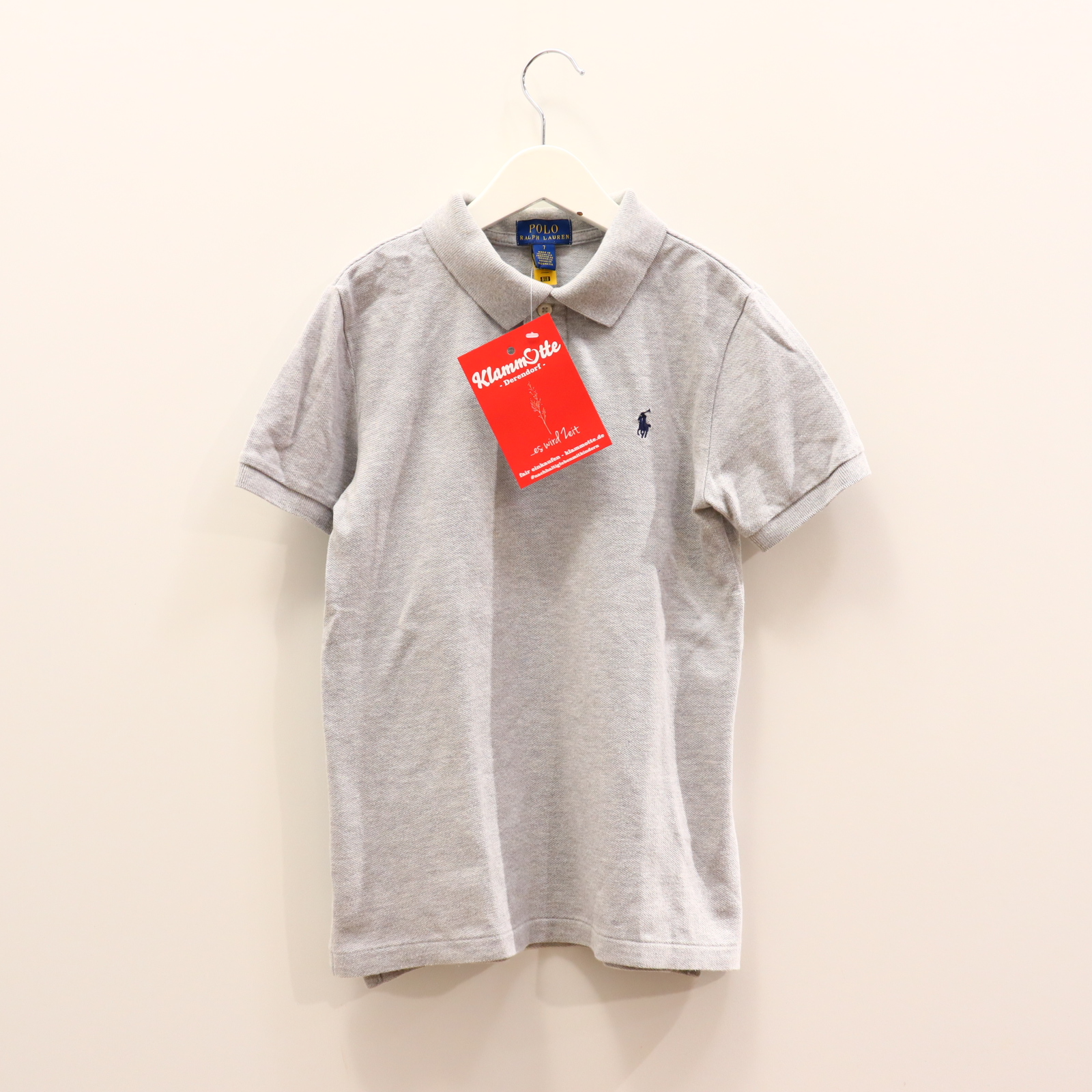 Oberteil RALPH LAUREN Gr. 122/Gr. 128 kurzarm Shirt grau Baumwolle/Pique Logo/melange/Stickerrei Polo