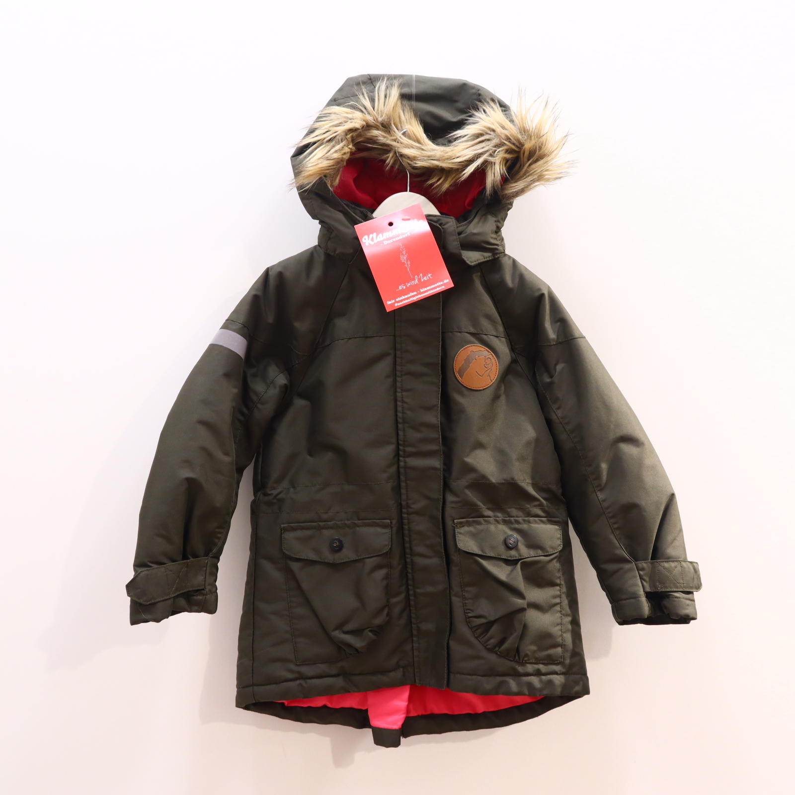 Jacke H&M Anorak/Parka 110 oliv Herbst/Winter Applikation abnehmb. Kapuze/abnehmb. Kapuzenbesatz