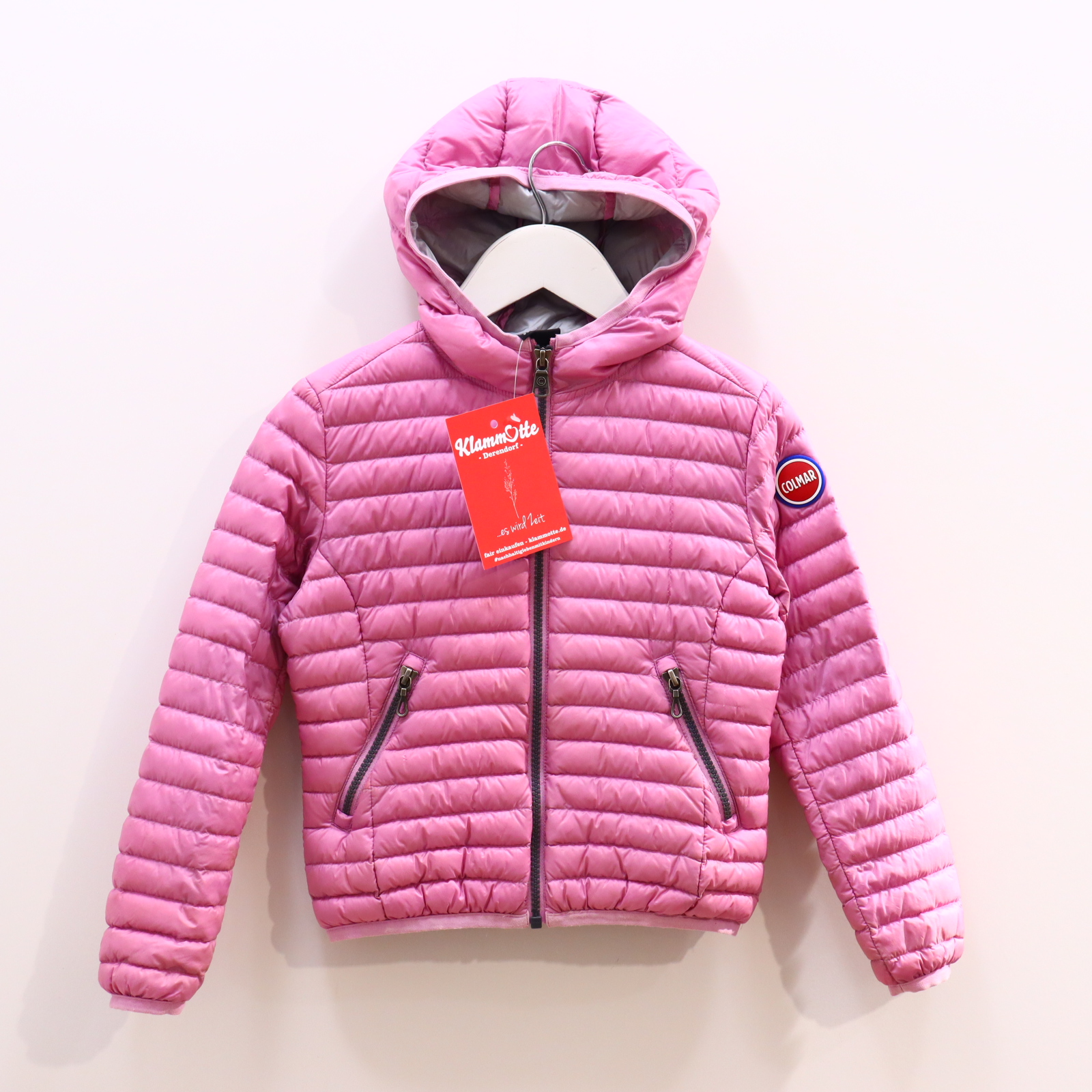 Jacke COLMAR leichte Daunenjacke 116 Daunen/Federn rosa Applikation/Logo abnehmb. Kapuze/Jerseyfutter Bündchen schmutzig