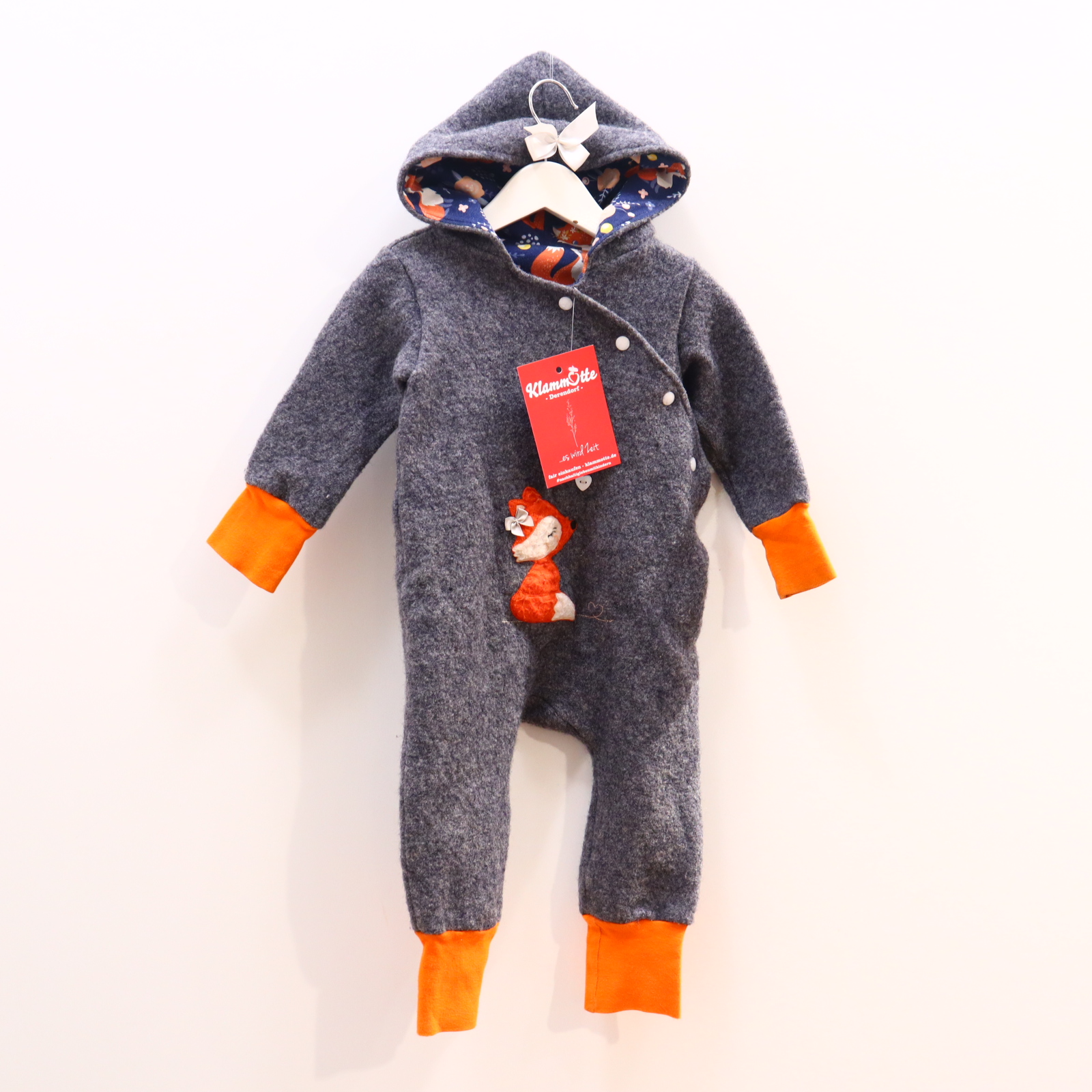 Jacken & Overalls Handmade Wollwalkoverall 74/80 grau/orange Jerseyfutter Applikation/melange/Schleife Doublelayer