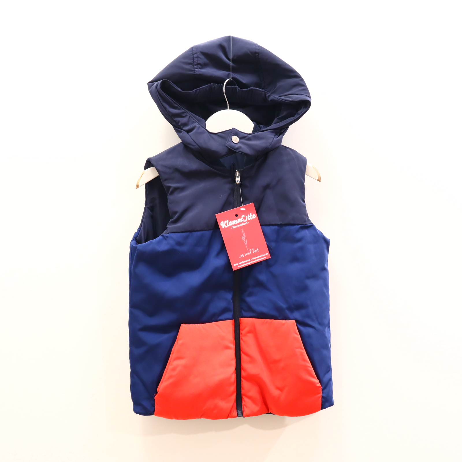 Jacke Jacadi 128 blau/rot Applikation/Logo Steppweste abnehmb. Kapuze/wendbar