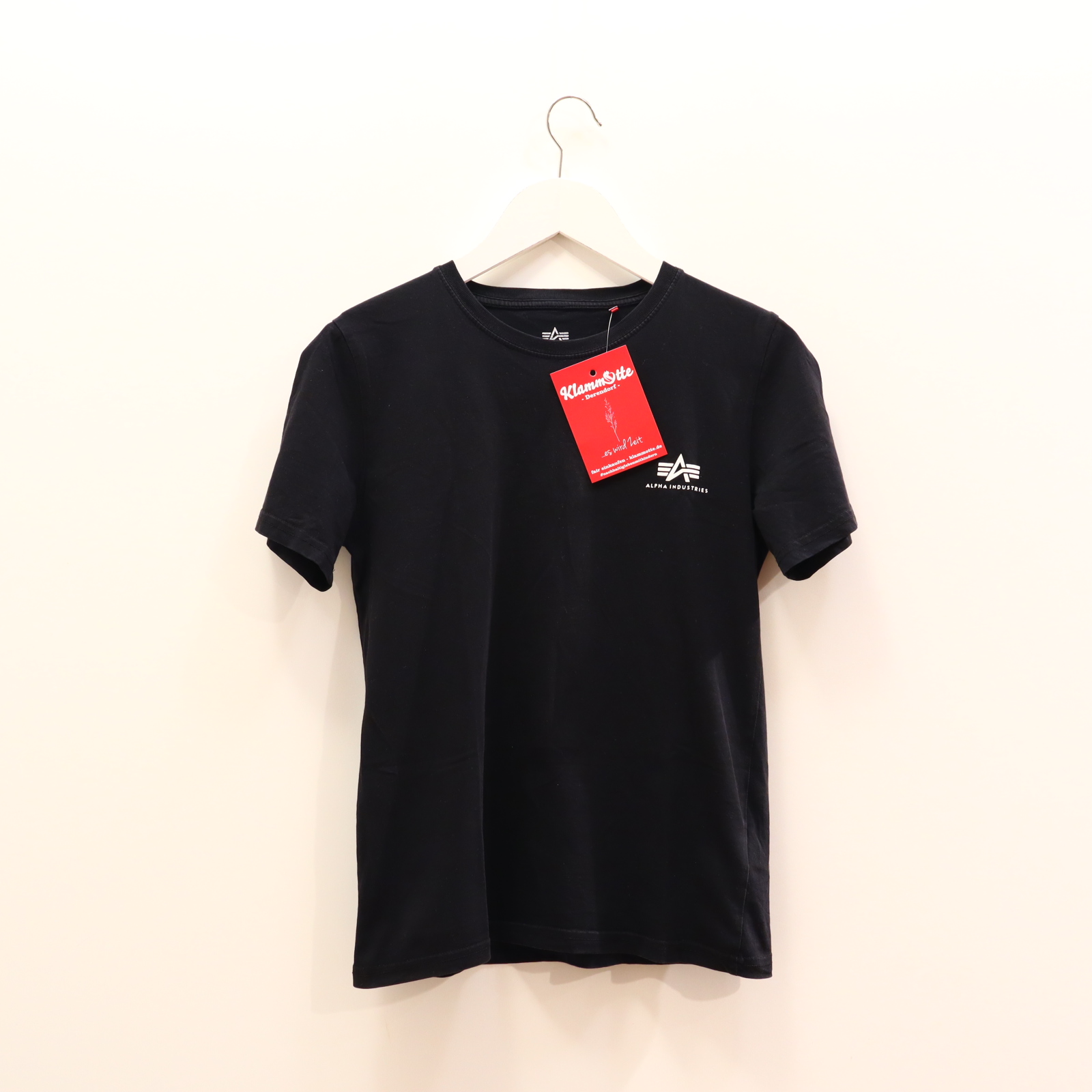 Oberteil ALPHA INDUSTRIES Gr. 164 kurzarm Shirt schwarz Baumwolle Applikation/Logo/Print