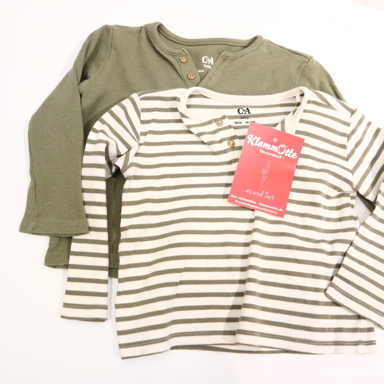 Oberteil C&A Gr. 98 langarm Shirt/2er Set oliv/weiß Baumwolle/Elasthan/Interlock gestreift Henley