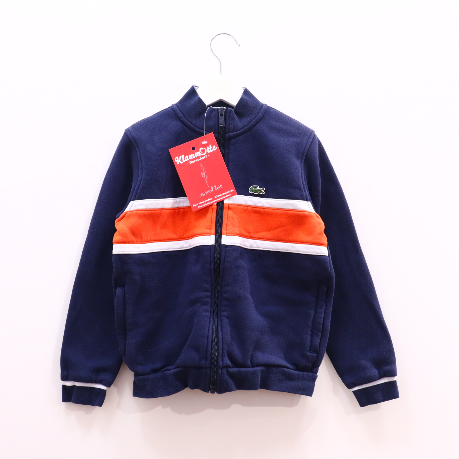 Oberteil LACOSTE Gr. 128 Sweatjacke blau/orange/weiß Baumwolle/Innen angerauht/Polyester Applikation/Blockstreifen/Logo Reißverschluß-Taschen ganz leicht blass