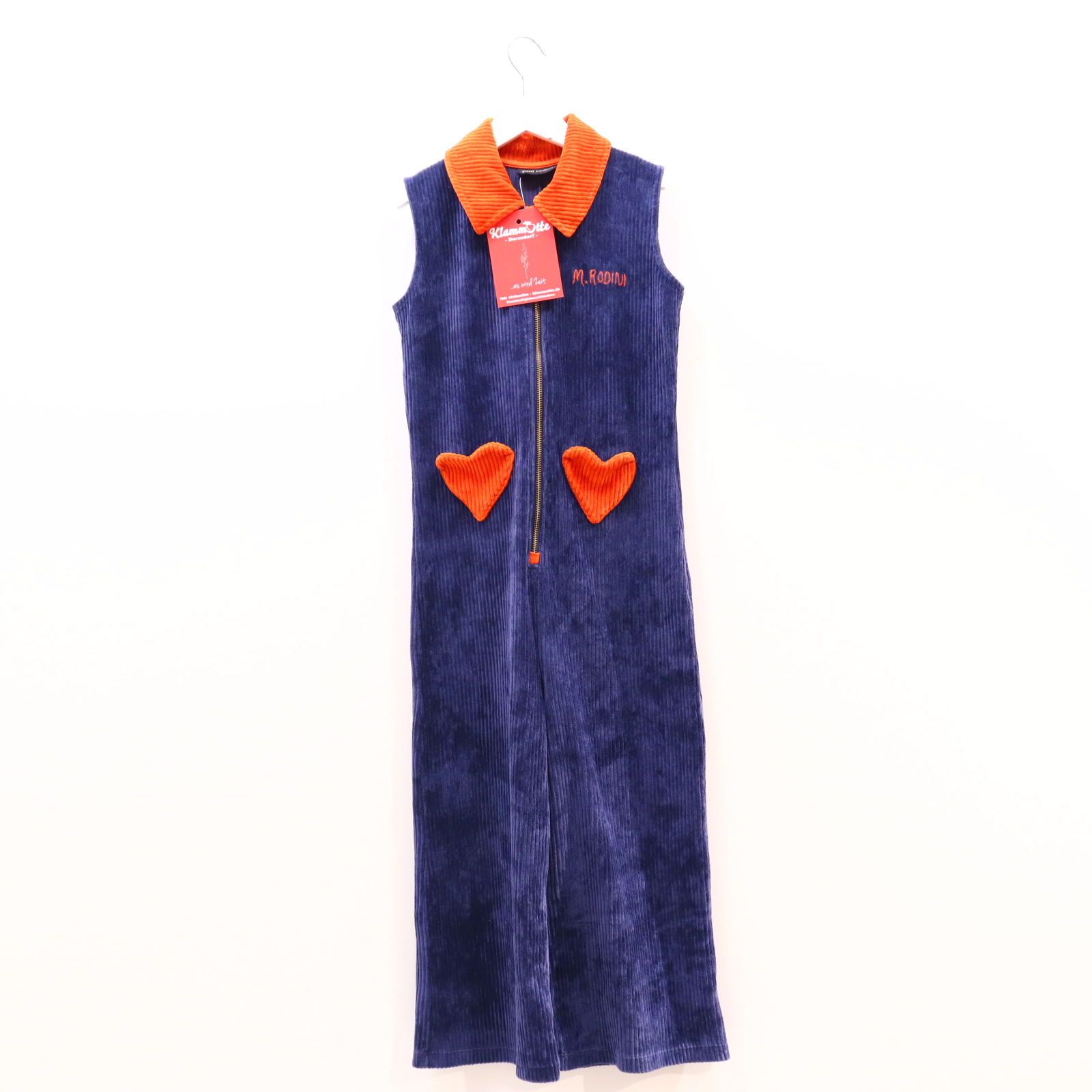 Kleider & Röcke mini rodini Jumpsuit 128/134 blau/orange Logo/Stickerei Baumwolle/Cord/Elastan/Polyester Reißverschluß ganz leicht blass