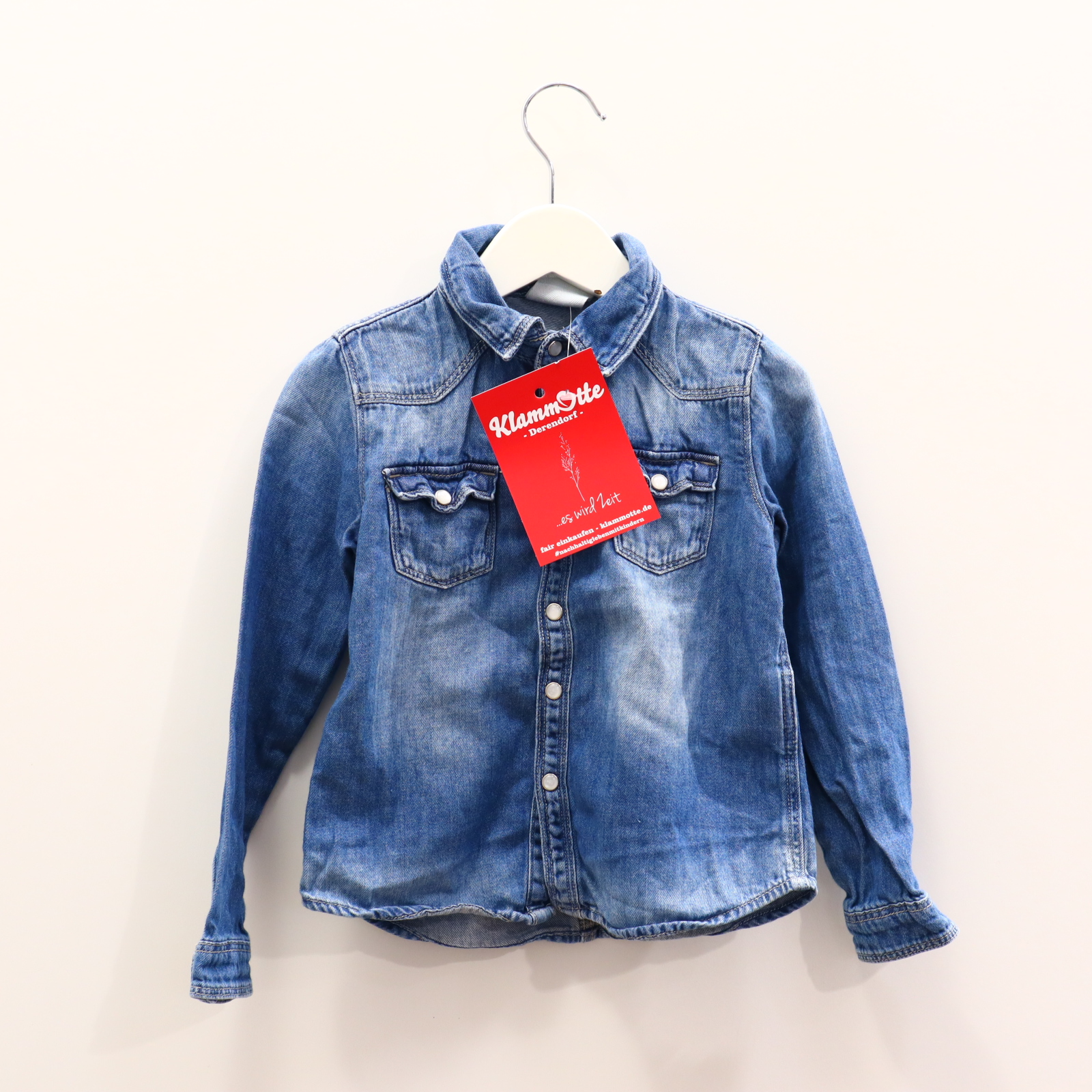 Oberteil H&M 110 blau Bluse Chambray/Denim Druckknöpfe