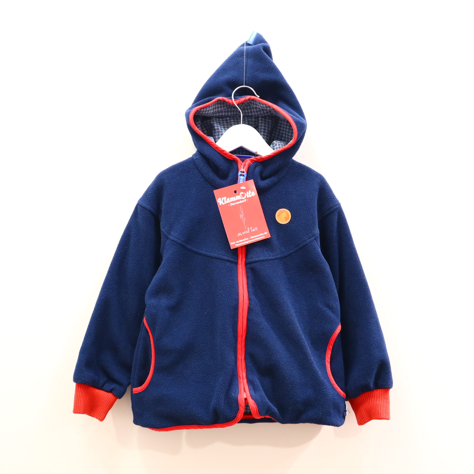 Oberteil FINKID Gr. 110/Gr. 116/Gr. 122 Kapuzenjacke blau/rot Baumwolle/Fleece Applikation/Logo Baumwollfutter/Zipfelkapuze/Zip-In-Jacke