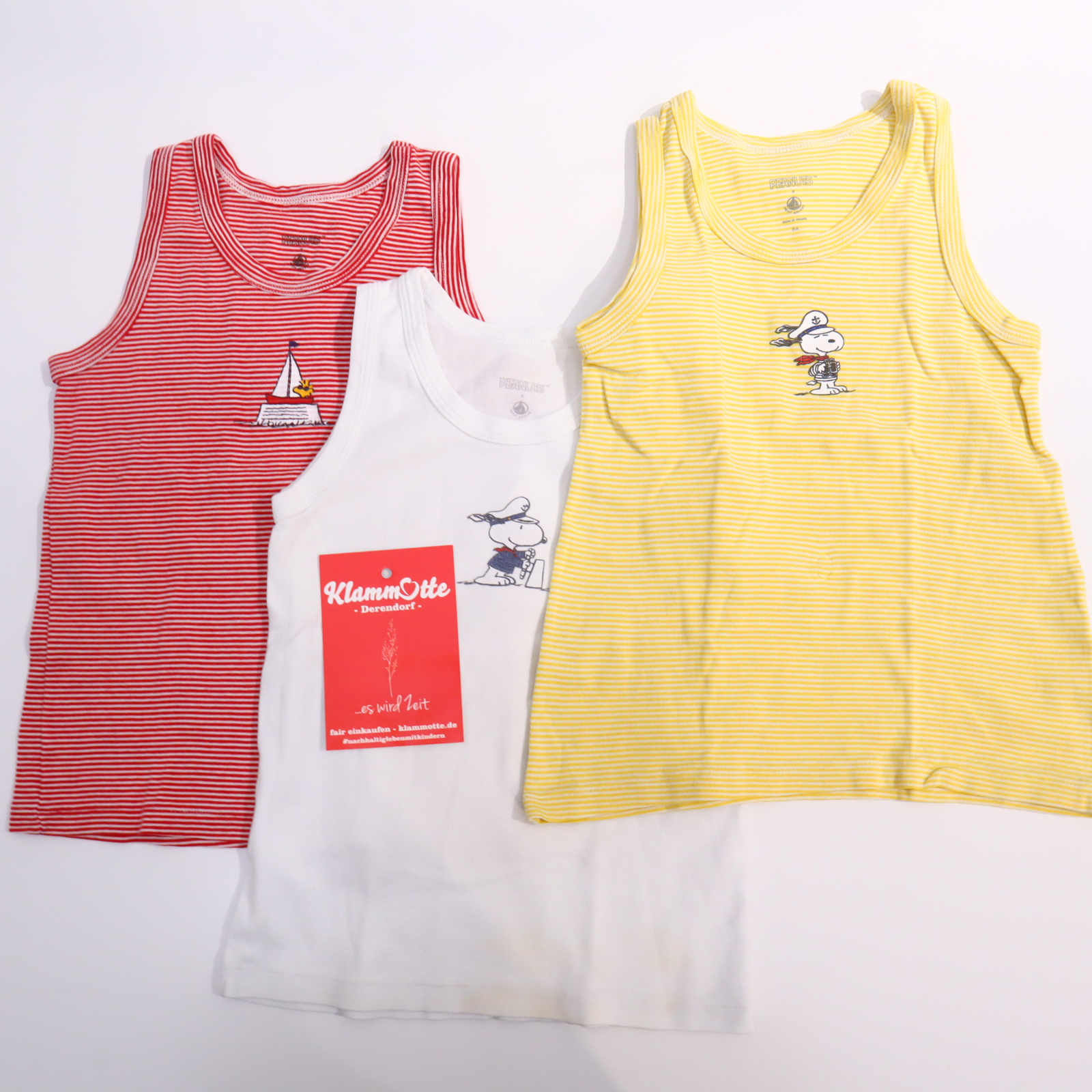 Oberteil PETIT BATEAU Gr. 116 Träger-Unterhemd/3er Set gelb/rot/weiß Baumwolle gestreift/Print Peanuts