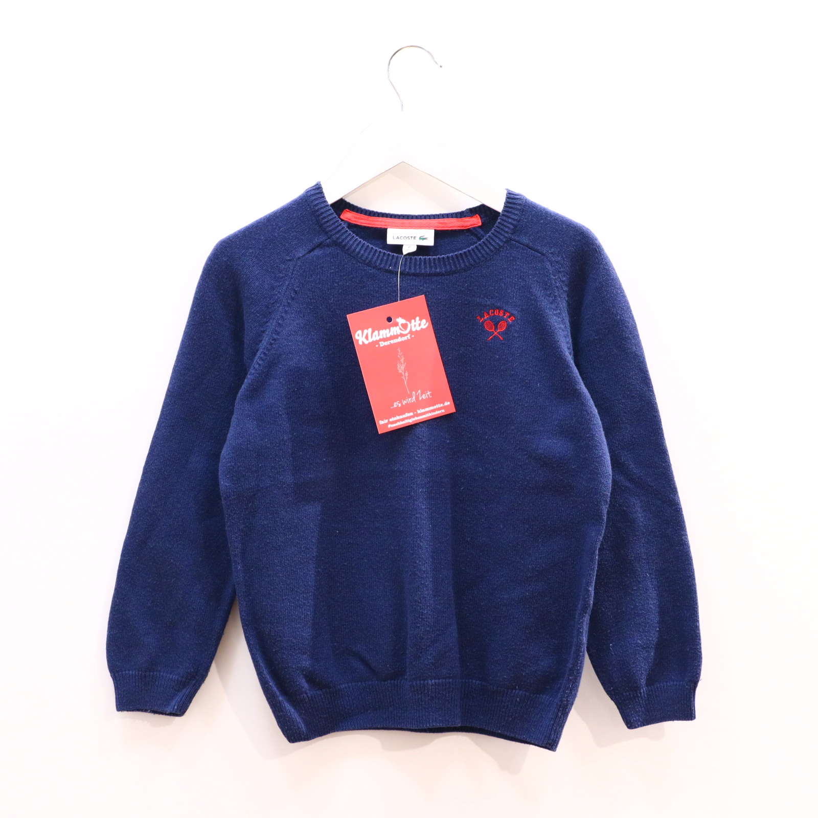 Oberteil LACOSTE Gr. 116 Strickpullover blau Baumwolle/Polyamid Logo/Stickerrei Ärmelschoner ganz leicht blass