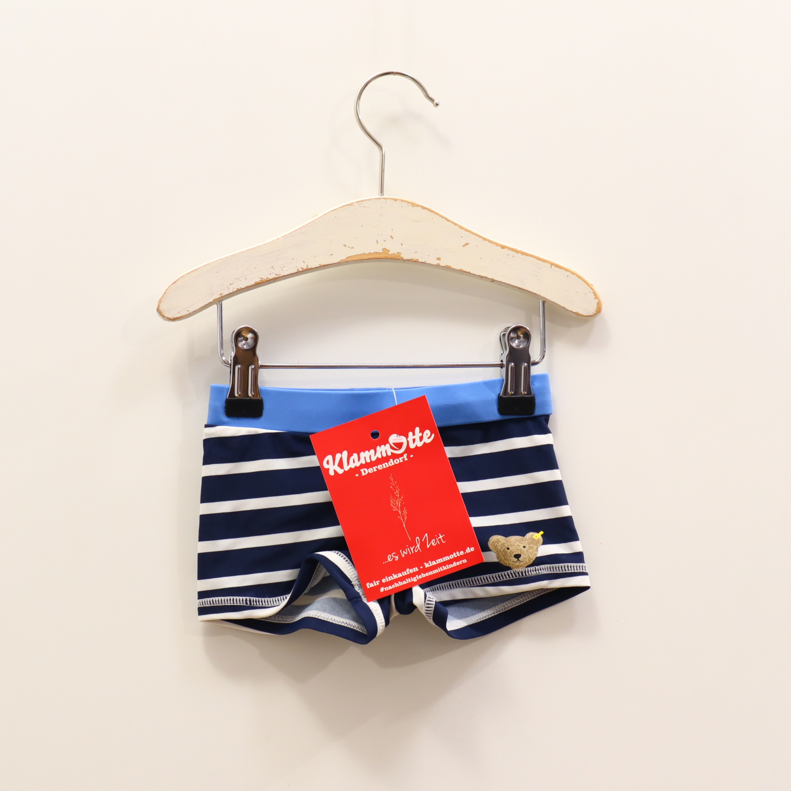 Bademode Steiff Gr. 80 blau/weiß gestreift/Logo/Print Badehose