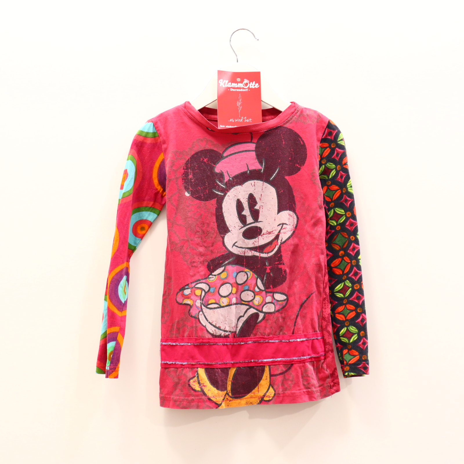 Oberteil Desigual 122/128 bunt/rosa Alloverprint/Pailetten langarm Shirt Baumwolle Minnie Mouse